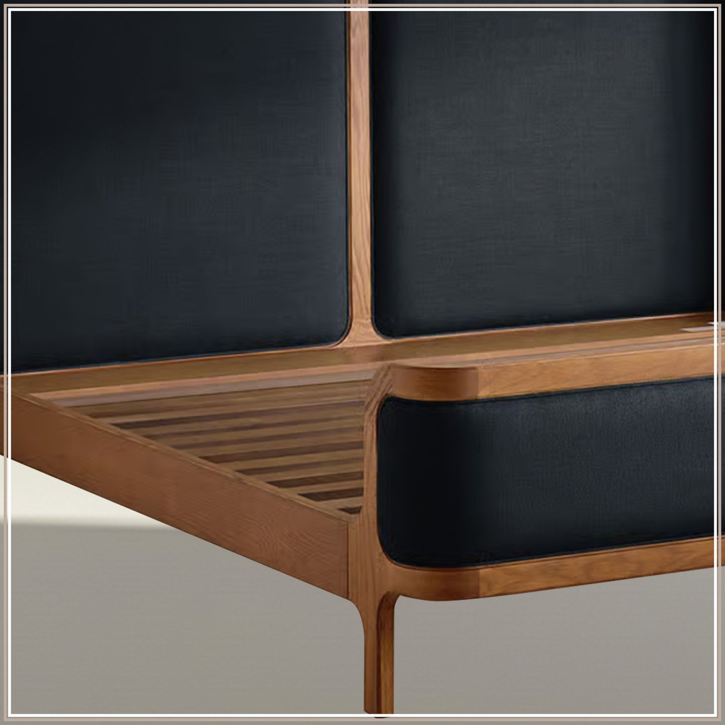 Valerio Duo-Panel Luxe King Size Bed in Navy Blue Velvet with Oak wood Frame & Hydraulic Storage