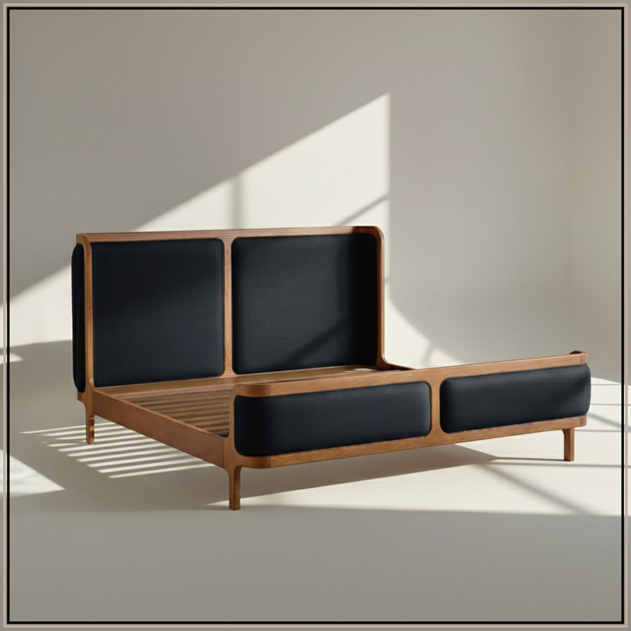 Valerio Duo-Panel Luxe Queen Size Bed in Navy Blue Velvet with Oak wood Frame