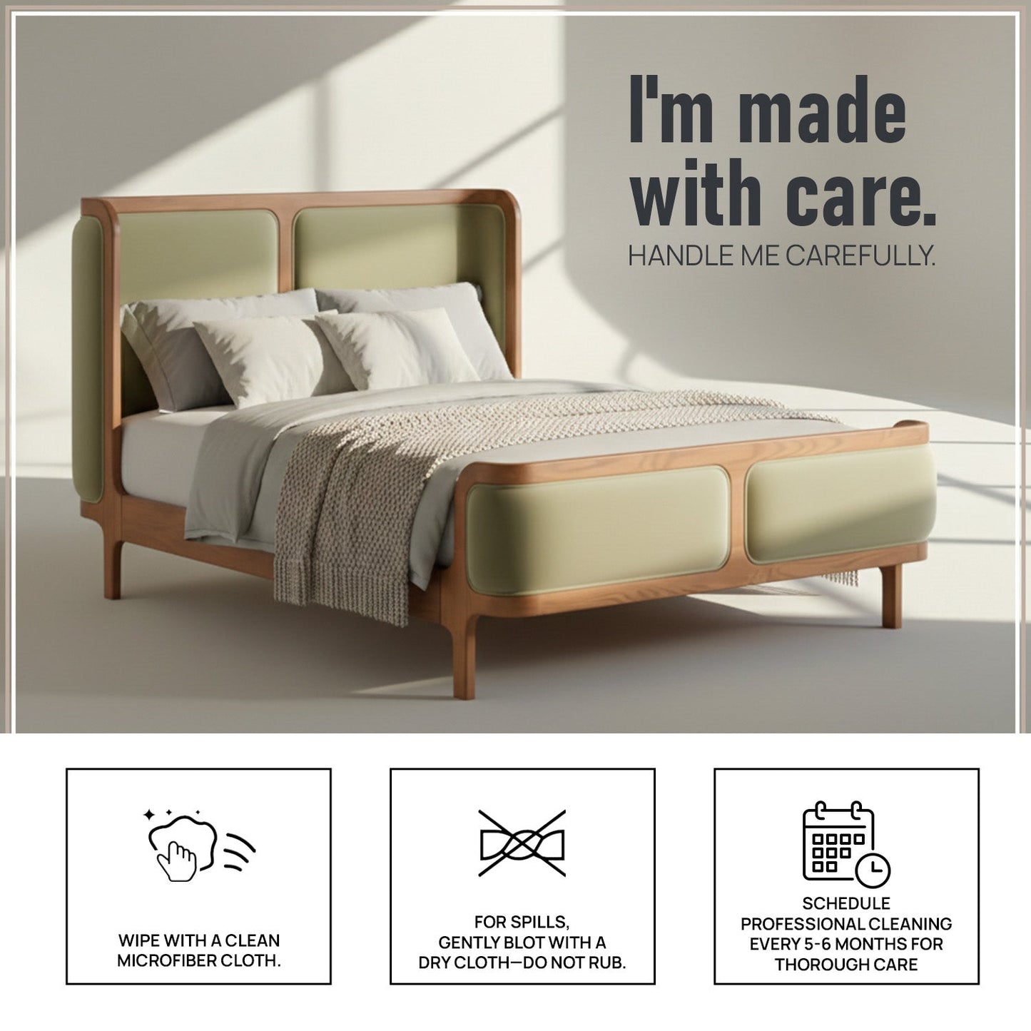 Valerio Duo-Panel Luxe King Size Bed in Lichen Velvet with Oak wood Frame