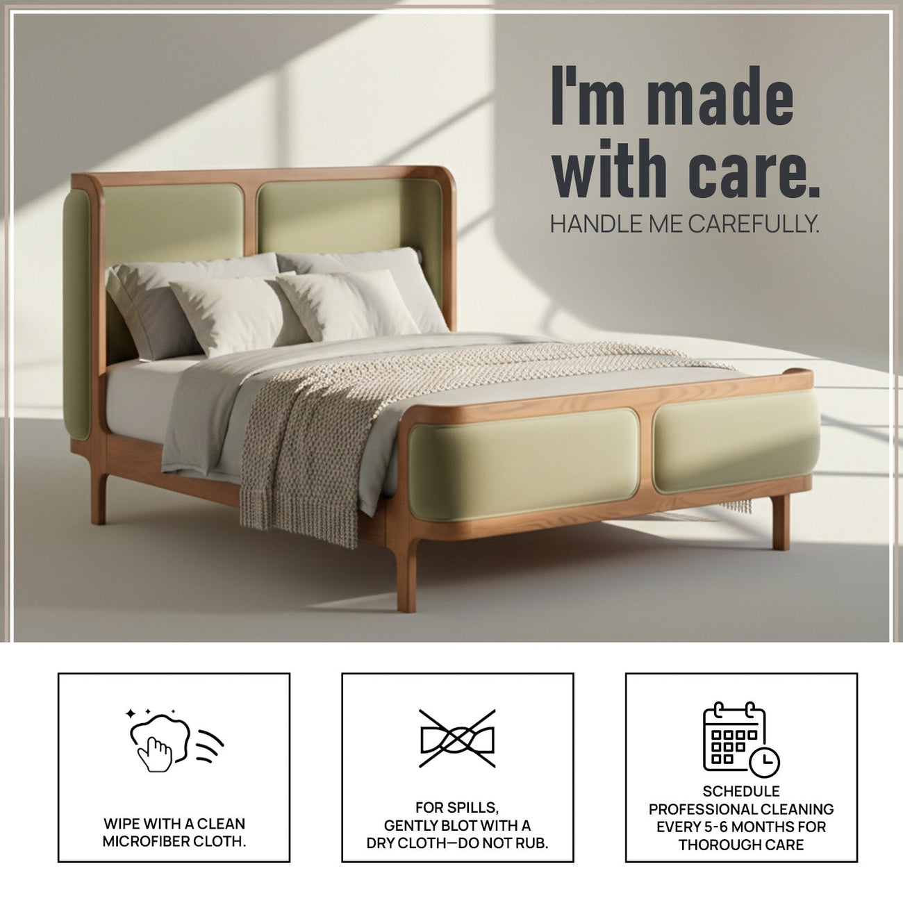 Valerio Duo-Panel Luxe Queen Size Bed in Lichen Velvet with Oak wood Frame