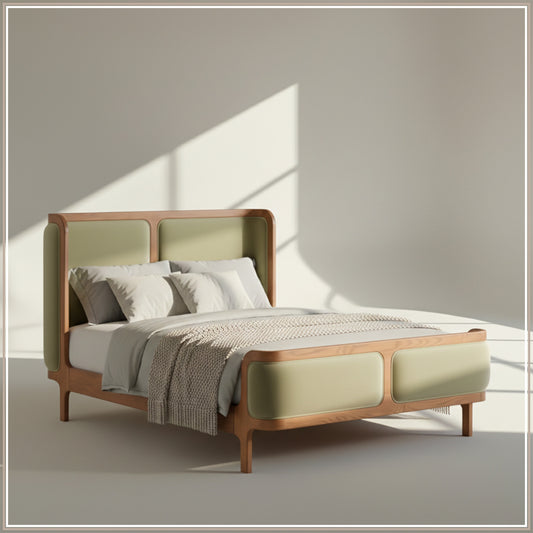 Valerio Duo-Panel Luxe Queen Size Bed in Lichen Velvet with Oak wood Frame & Hydraulic Storage
