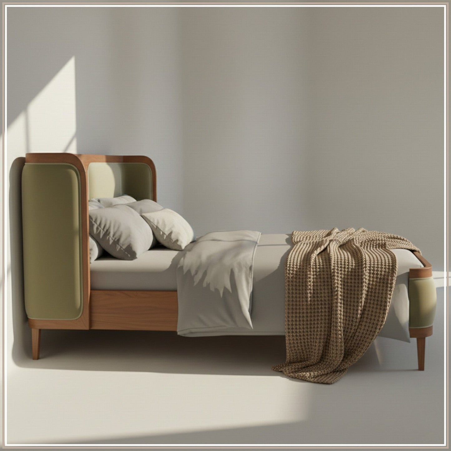 Valerio Duo-Panel Luxe Queen Size Bed in Lichen Velvet with Oak wood Frame
