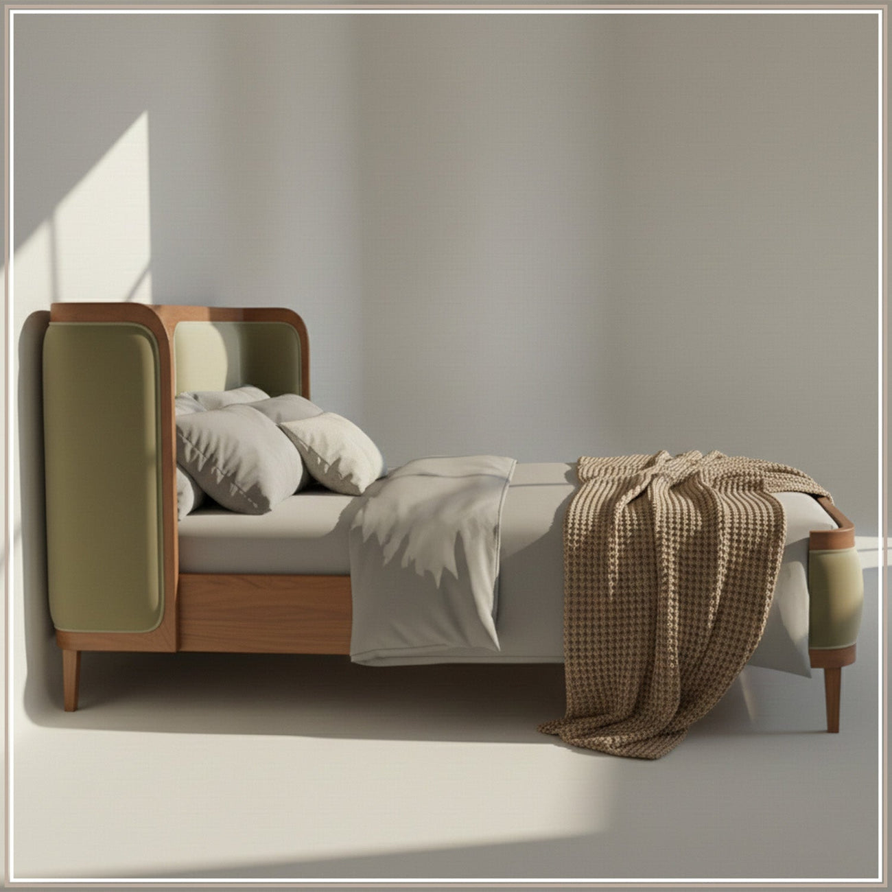 Valerio Duo-Panel Luxe Queen Size Bed in Lichen Velvet with Oak wood Frame