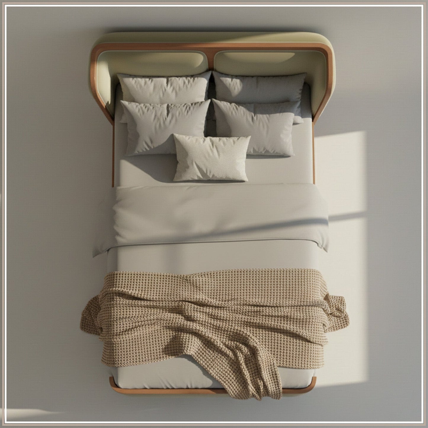 Valerio Duo-Panel Luxe Queen Size Bed in Lichen Velvet with Oak wood Frame