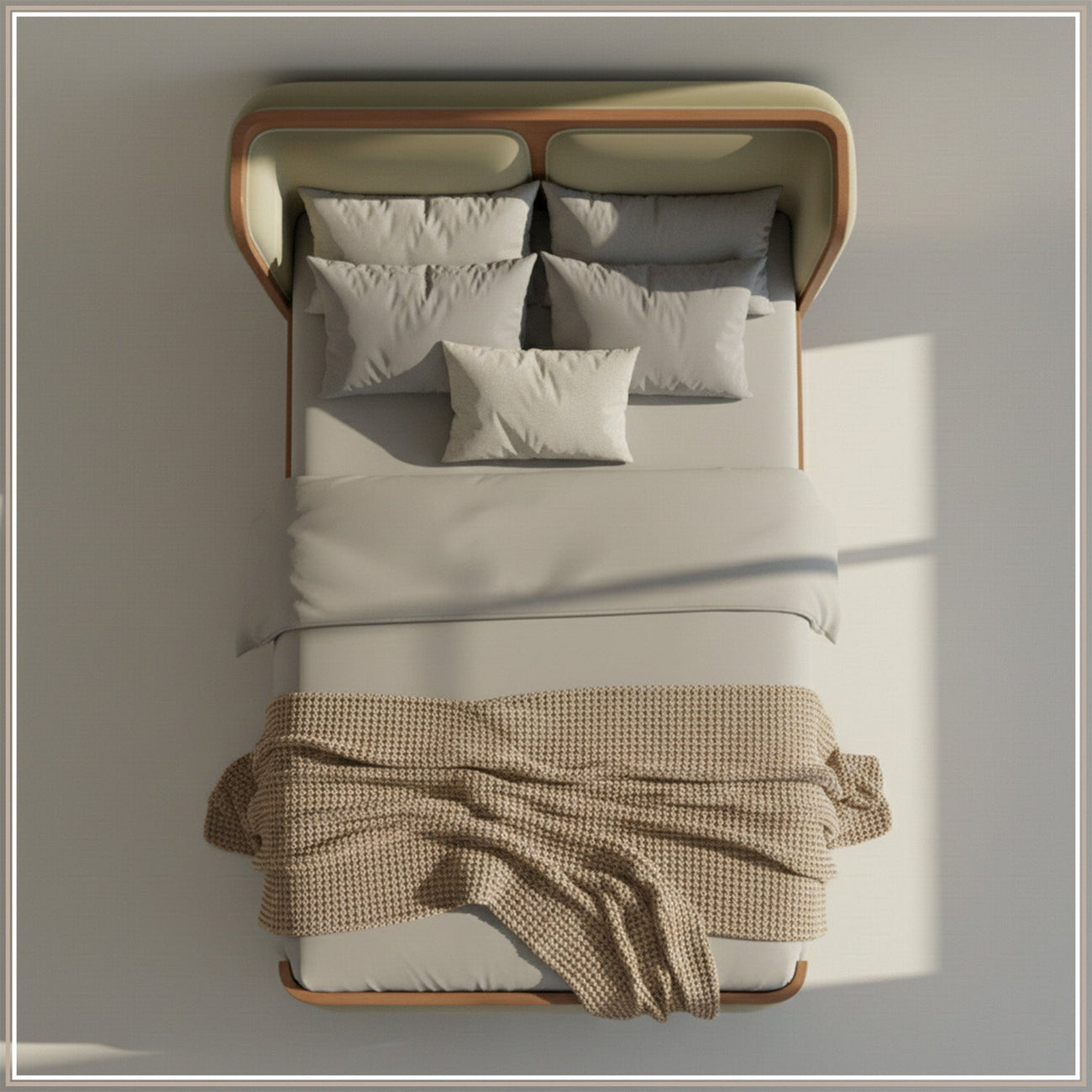 Valerio Duo-Panel Luxe Queen Size Bed in Lichen Velvet with Oak wood Frame