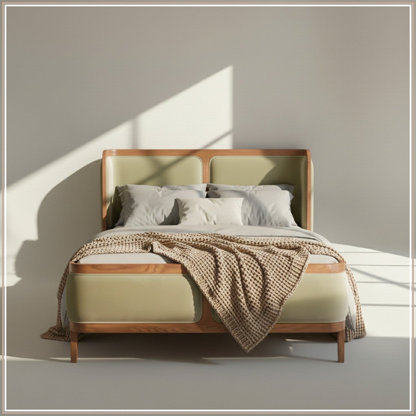 Valerio Duo-Panel Luxe King Size Bed in Lichen Velvet with Oak wood Frame
