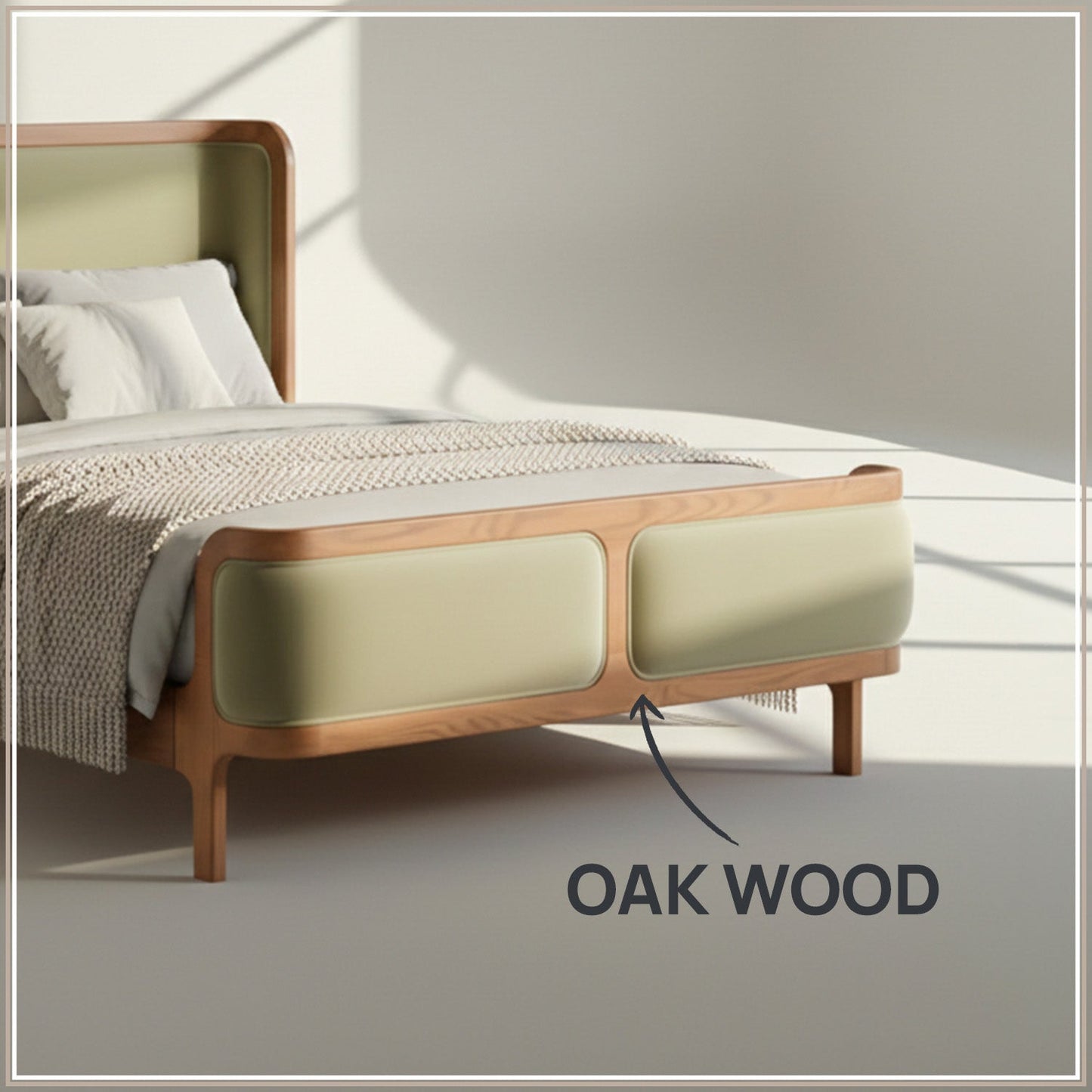 Valerio Duo-Panel Luxe Queen Size Bed in Lichen Velvet with Oak wood Frame