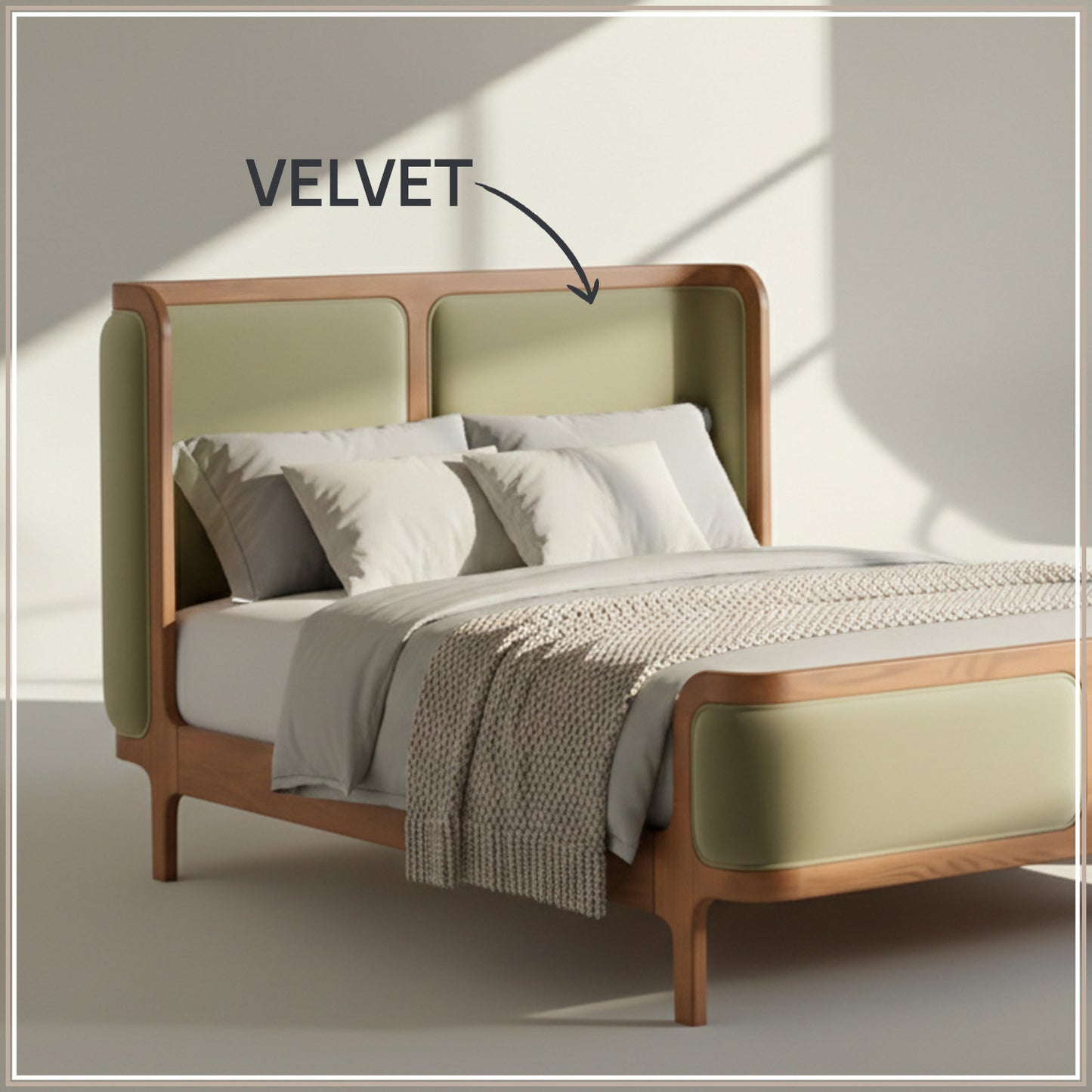 Valerio Duo-Panel Luxe Queen Size Bed in Lichen Velvet with Oak wood Frame & Hydraulic Storage