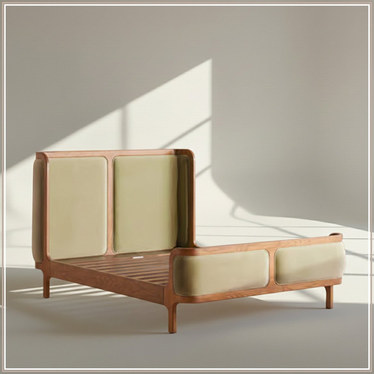Valerio Duo-Panel Luxe Queen Size Bed in Lichen Velvet with Oak wood Frame
