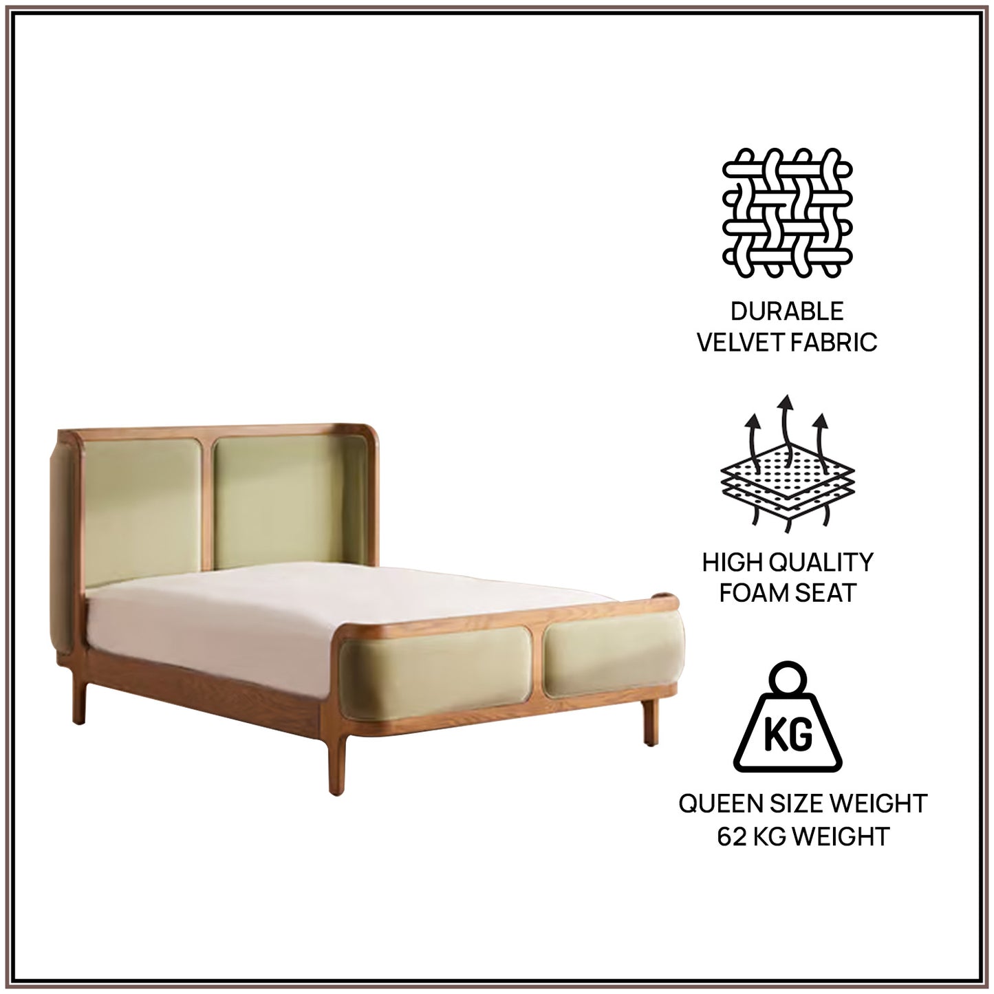 Valerio Duo-Panel Luxe Queen Size Bed in Lichen Velvet with Oak wood Frame & Hydraulic Storage