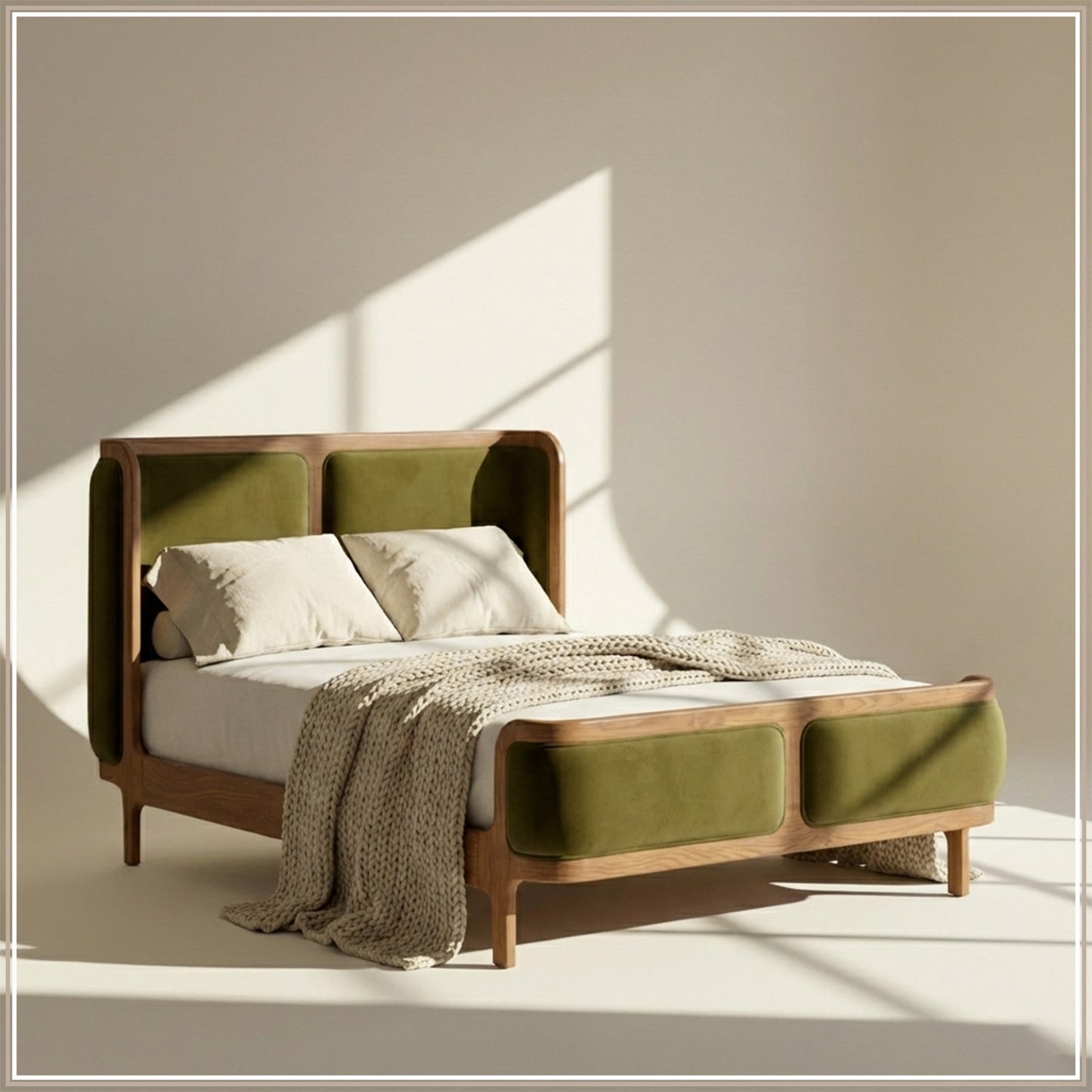Valerio Duo-Panel Luxe King Size Bed in Olive Velvet with Oak wood Frame & Hydraulic Storage