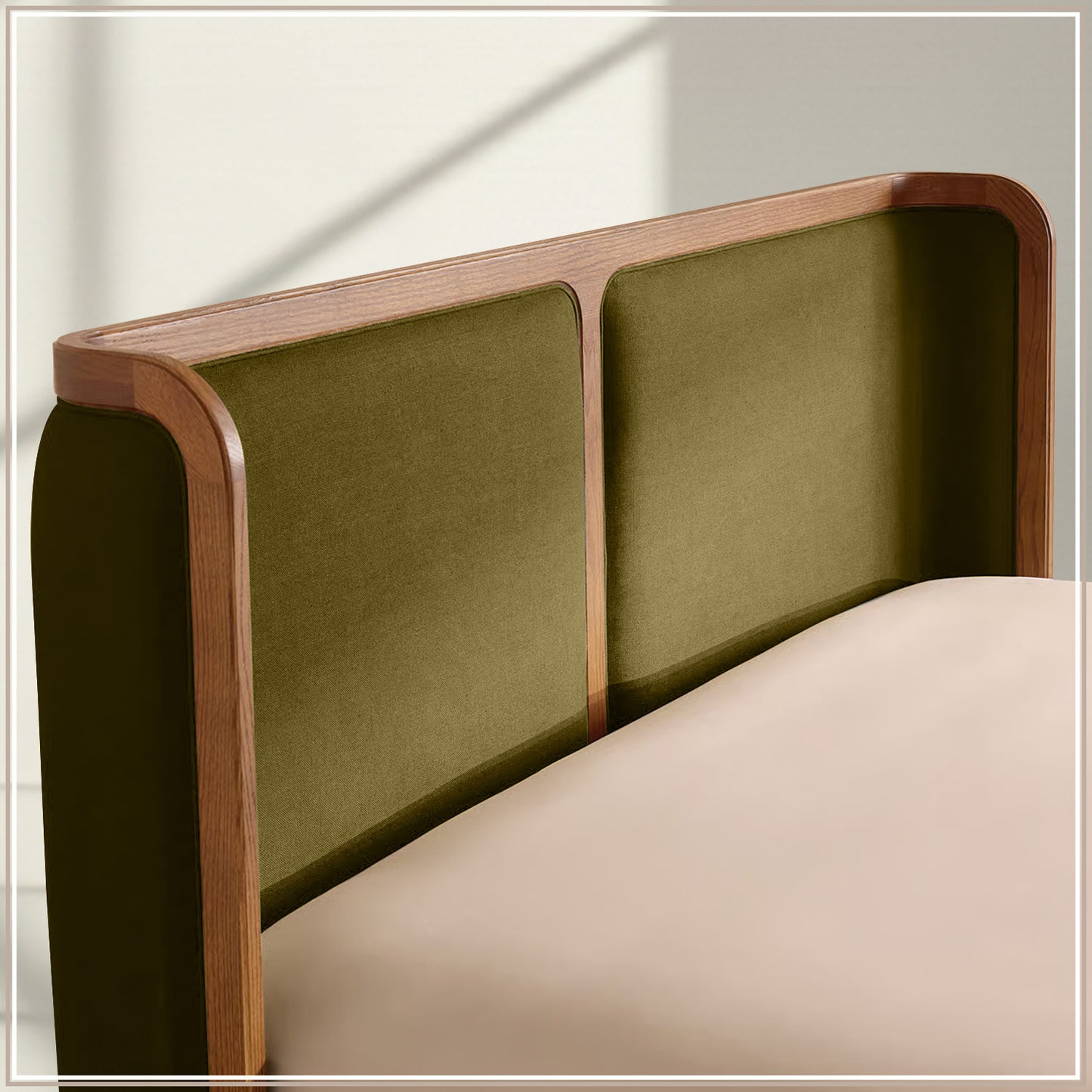Valerio Duo-Panel Luxe King Size Bed in Olive Velvet with Oak wood Frame & Hydraulic Storage