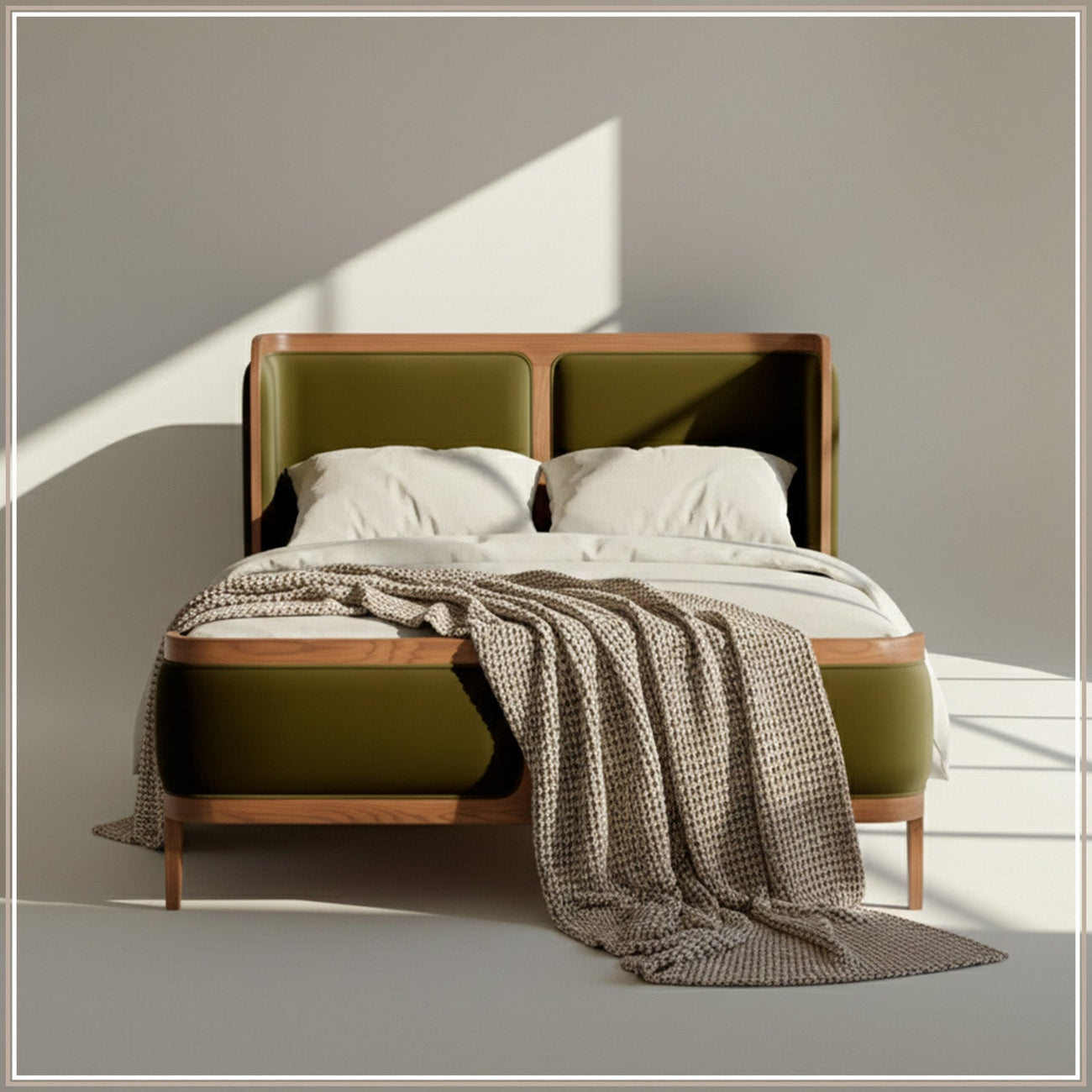 Valerio Duo-Panel Luxe Queen Size Bed in Olive Velvet with Oak wood Frame