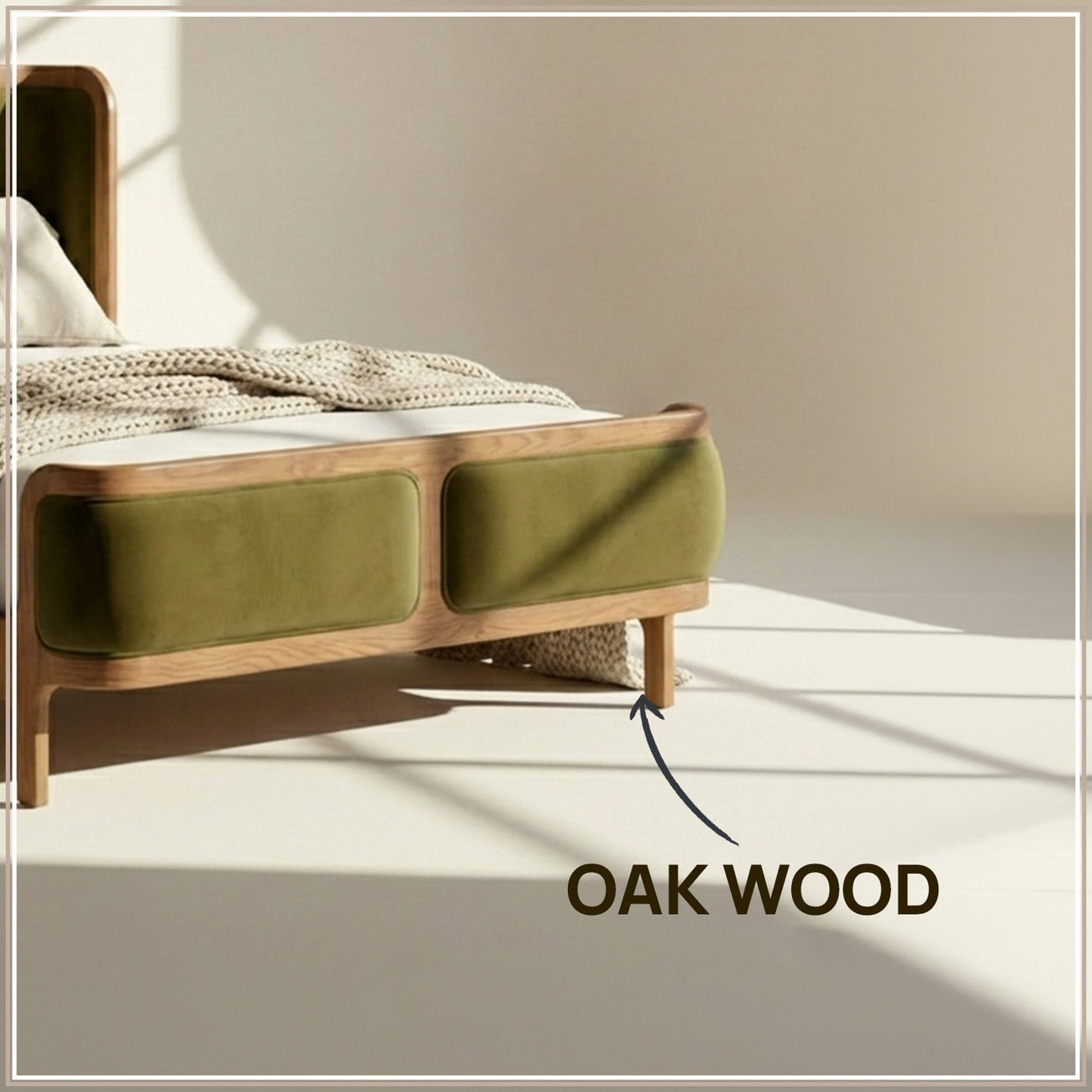 Valerio Duo-Panel Luxe Queen Size Bed in Olive Velvet with Oak wood Frame