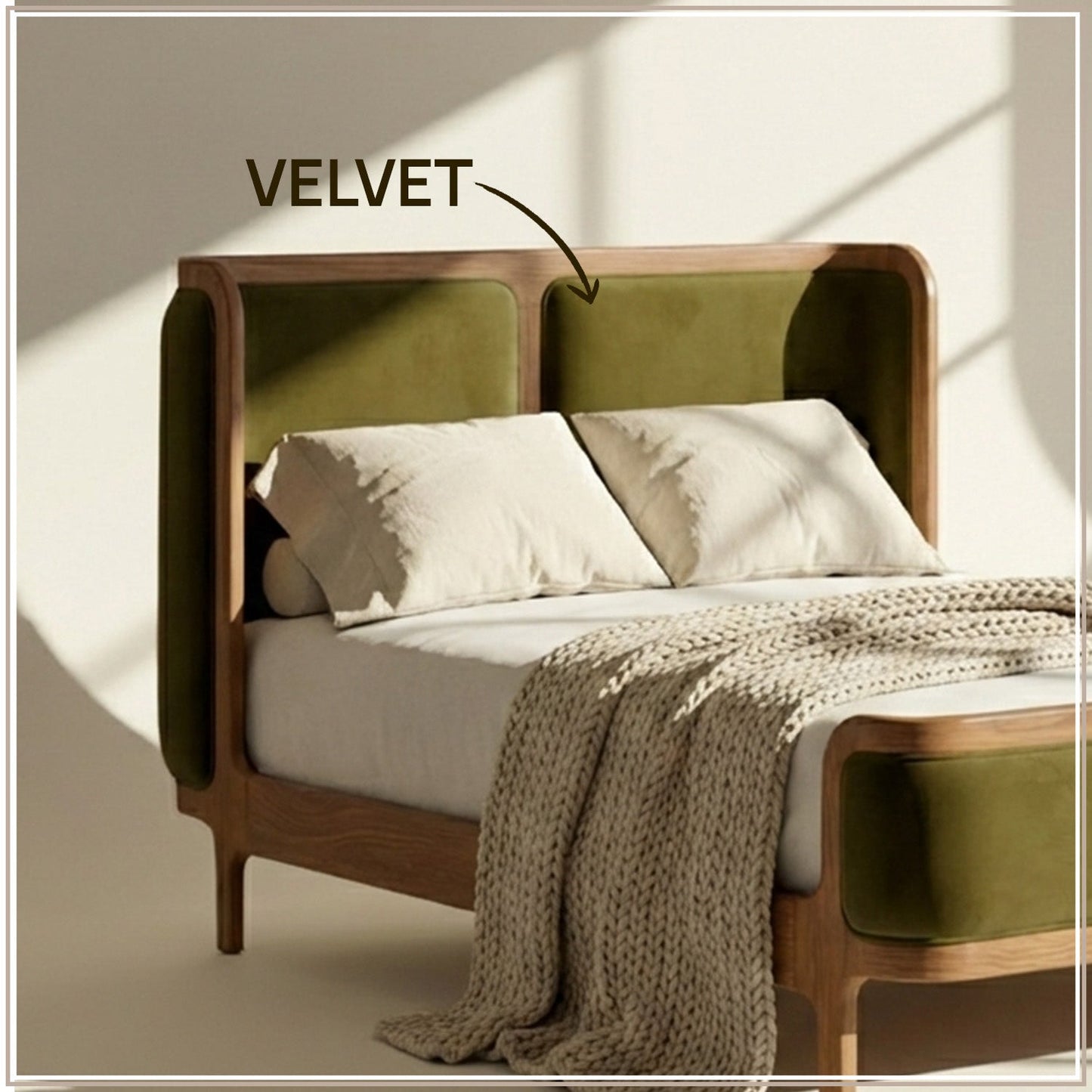 Valerio Duo-Panel Luxe Queen Size Bed in Olive Velvet with Oak wood Frame