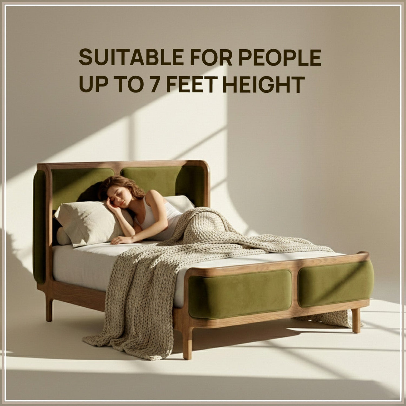 Valerio Duo-Panel Luxe Queen Size Bed in Olive Velvet with Oak wood Frame