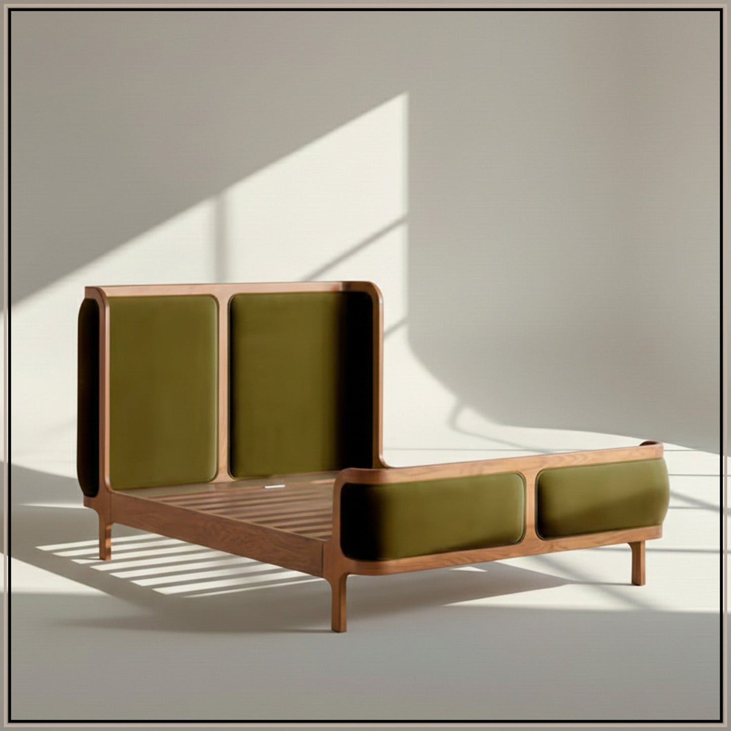Valerio Duo-Panel Luxe Queen Size Bed in Olive Velvet with Oak wood Frame