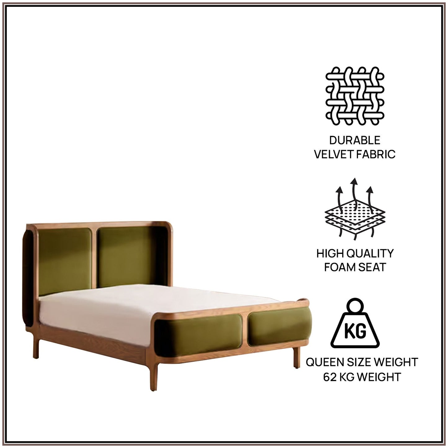 Valerio Duo-Panel Luxe Queen Size Bed in Olive Velvet with Oak wood Frame