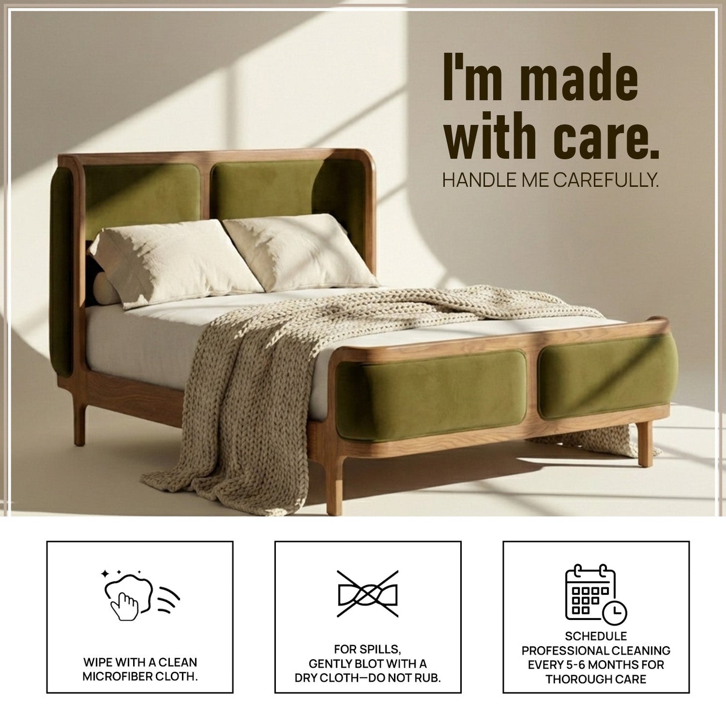 Valerio Duo-Panel Luxe Queen Size Bed in Olive Velvet with Oak wood Frame