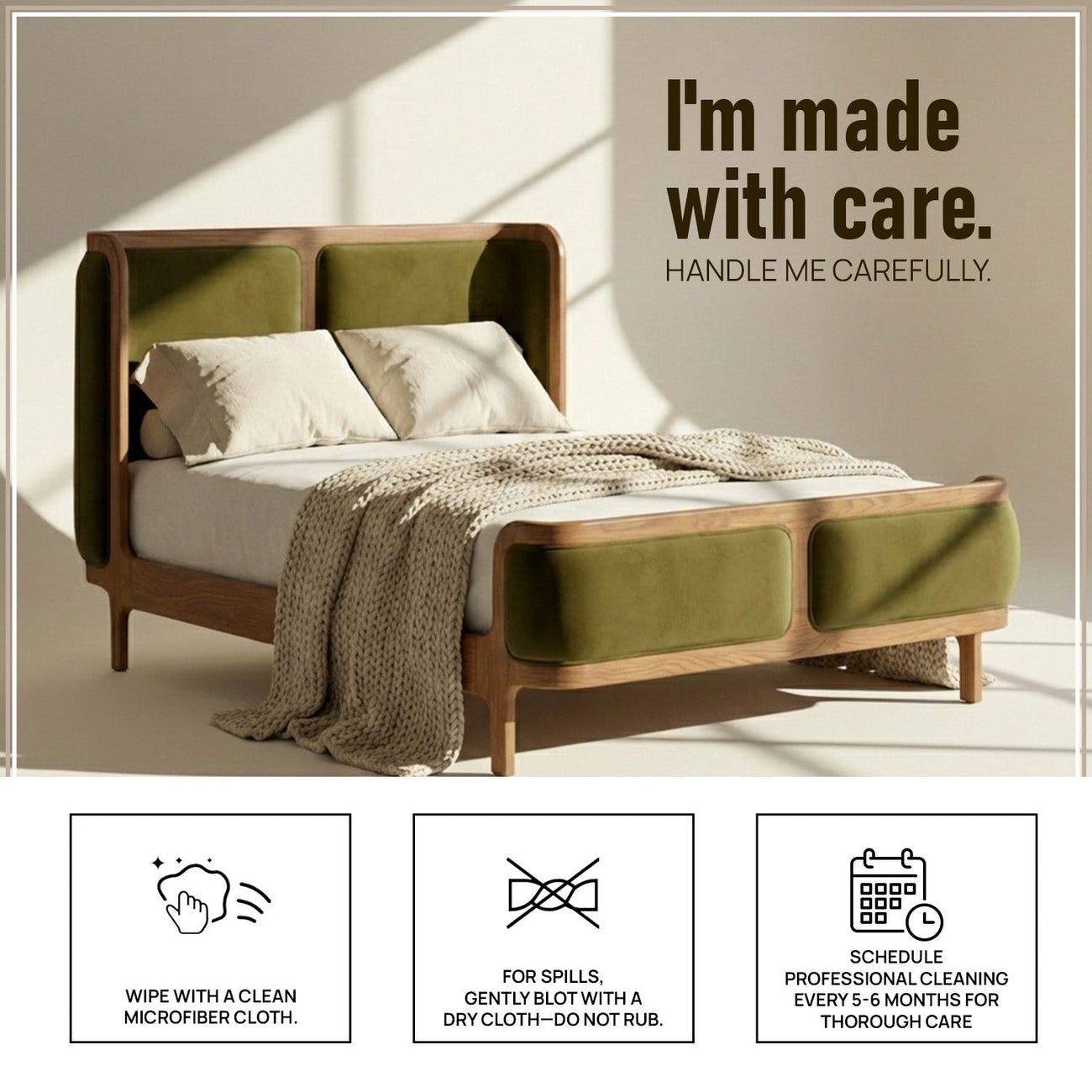 Valerio Duo-Panel Luxe Queen Size Bed in Olive Velvet with Oak wood Frame