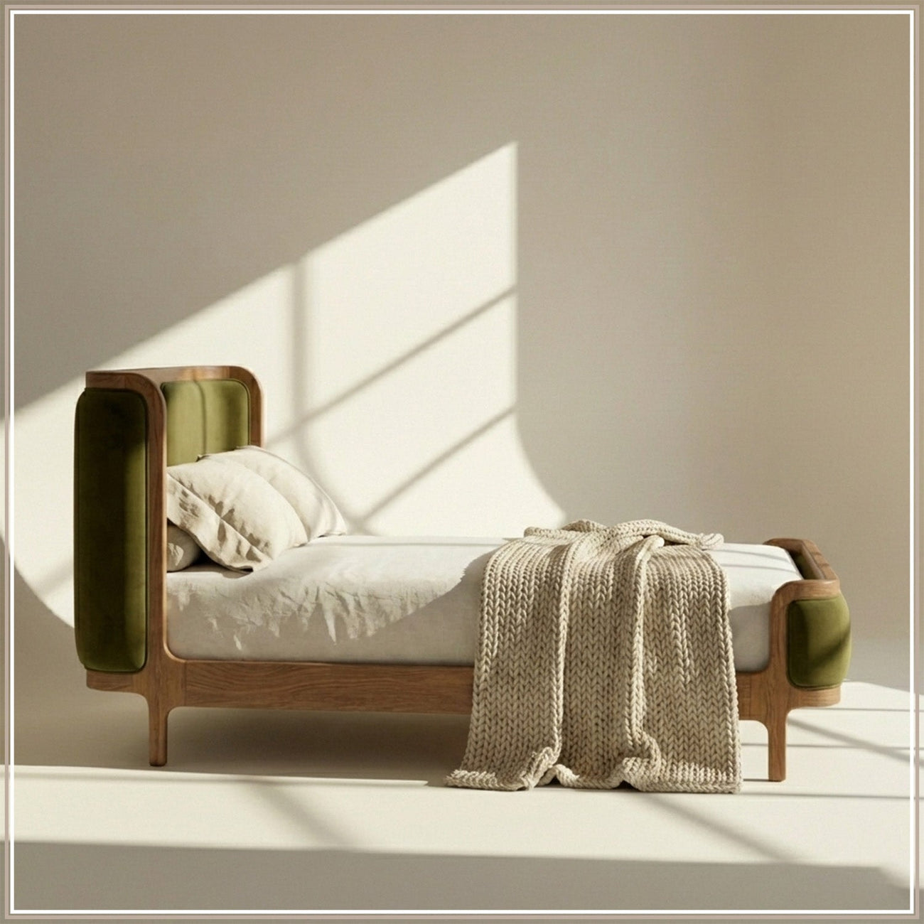 Valerio Duo-Panel Luxe King Size Bed in Olive Velvet with Oak wood Frame