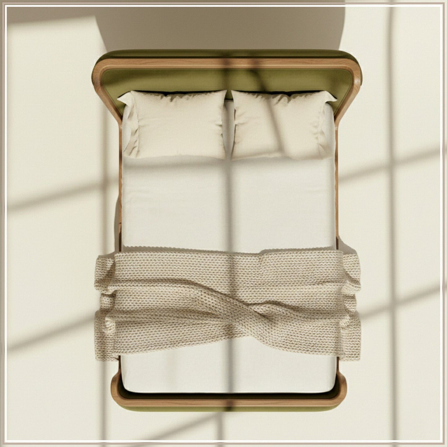 Valerio Duo-Panel Luxe King Size Bed in Olive Velvet with Oak wood Frame & Hydraulic Storage