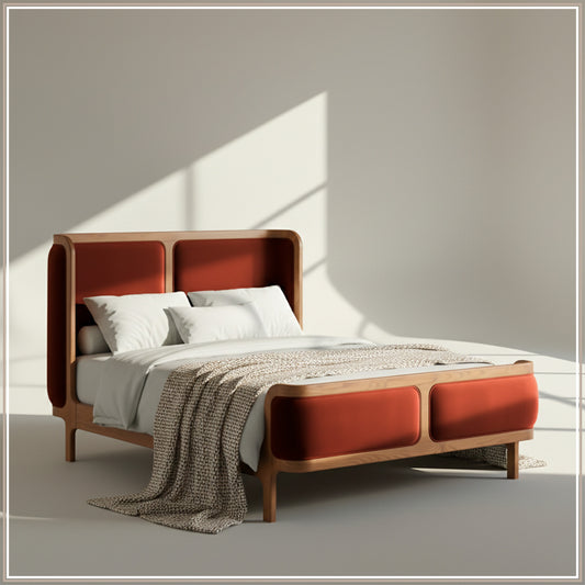 Valerio Duo-Panel Luxe King Size Bed in Rust Velvet with Oak wood Frame