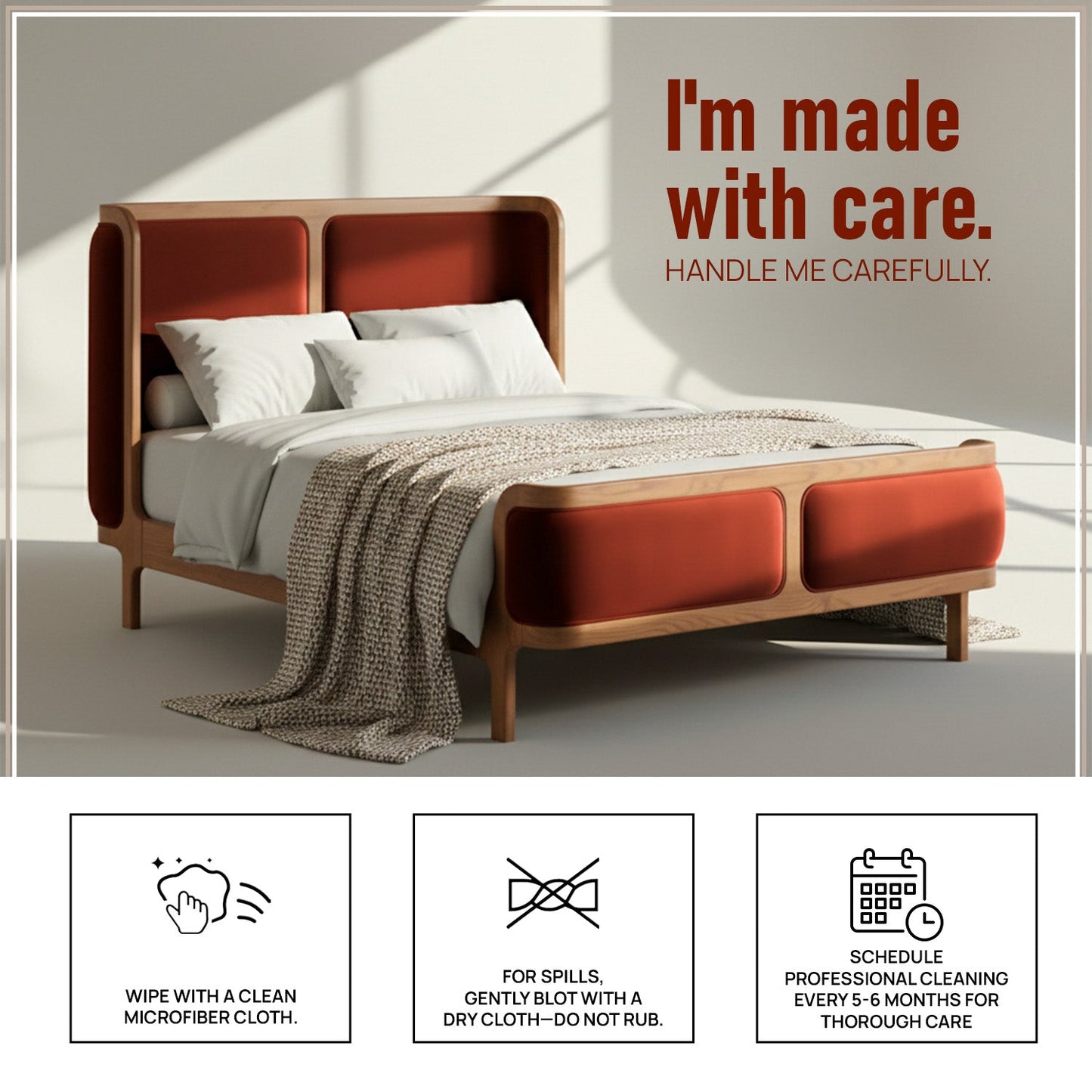 Valerio Duo-Panel Luxe King Size Bed in Rust Velvet with Oak wood Frame