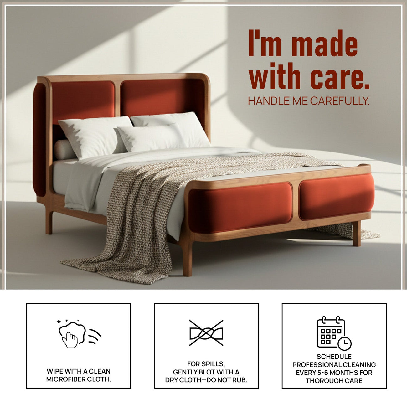 Valerio Duo-Panel Luxe King Size Bed in Rust Velvet with Oak wood Frame