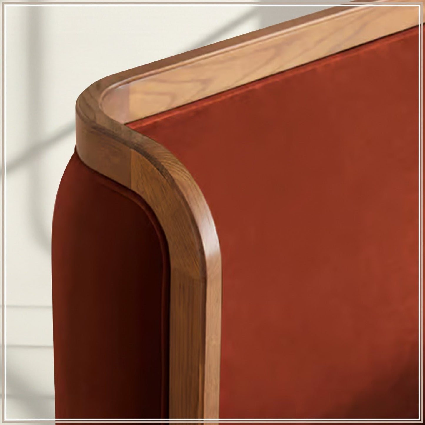 Valerio Duo-Panel Luxe King Size Bed in Rust Velvet with Oak wood Frame