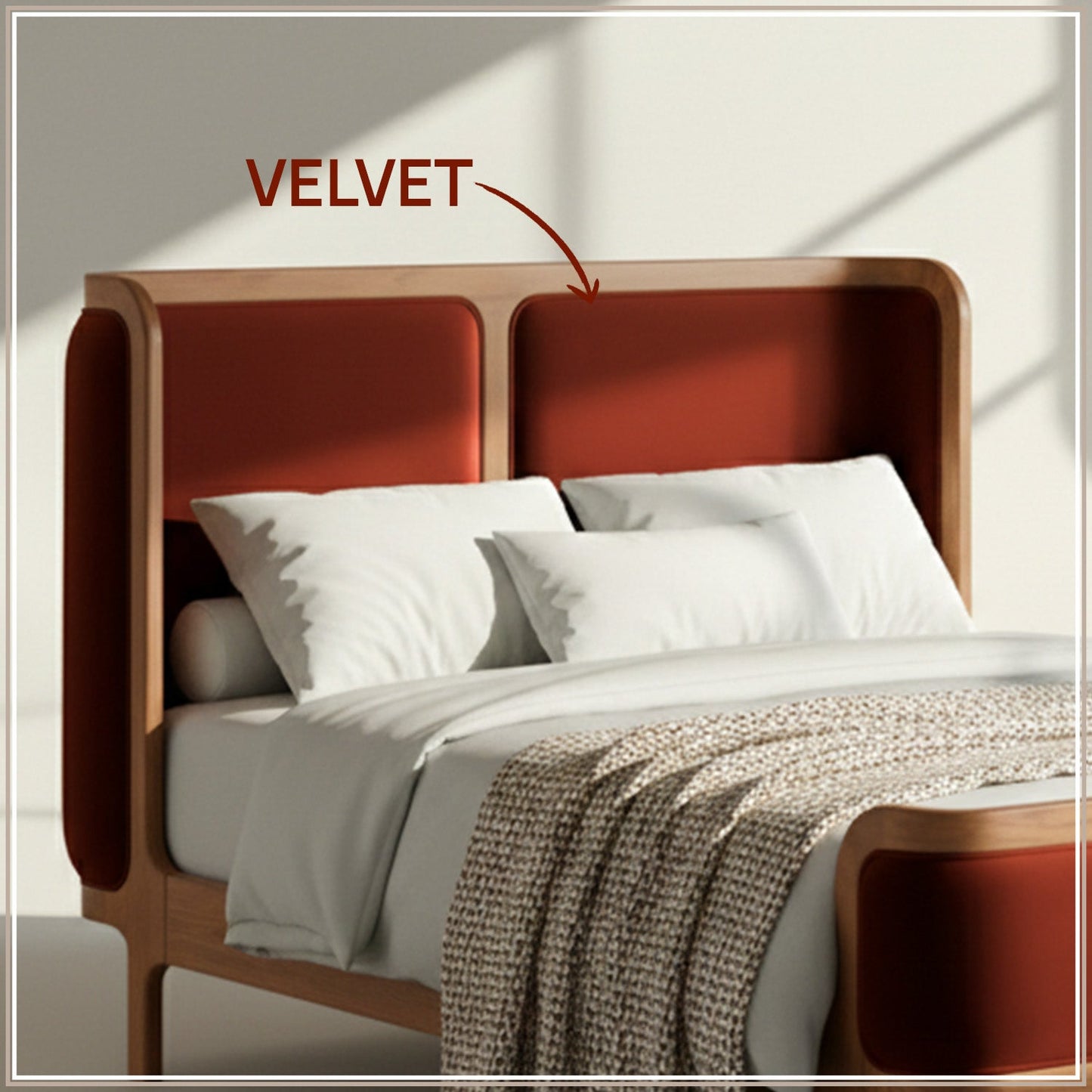 Valerio Duo-Panel Luxe Queen Size Bed in Rust Velvet with Oak wood Frame