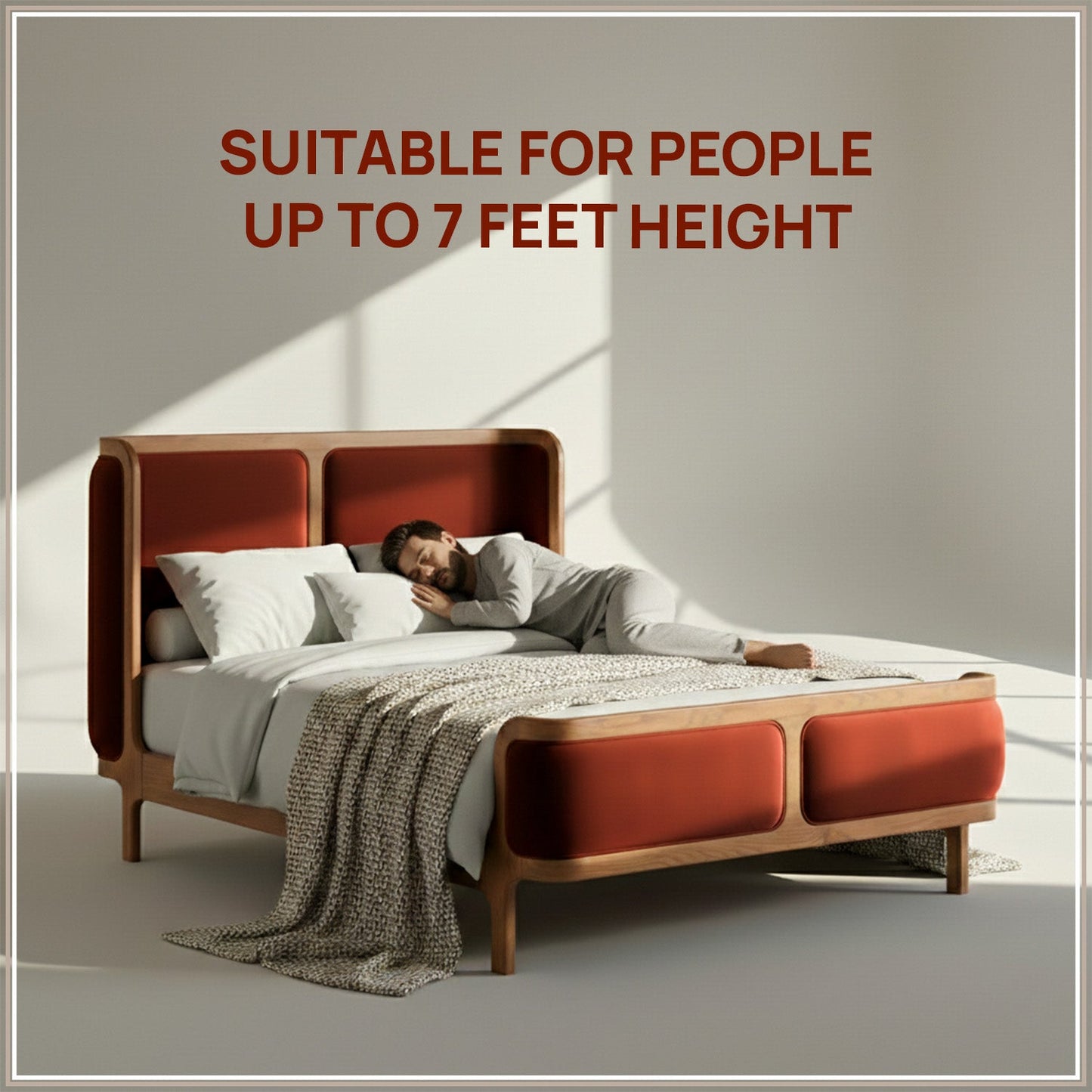 Valerio Duo-Panel Luxe Queen Size Bed in Rust Velvet with Oak wood Frame