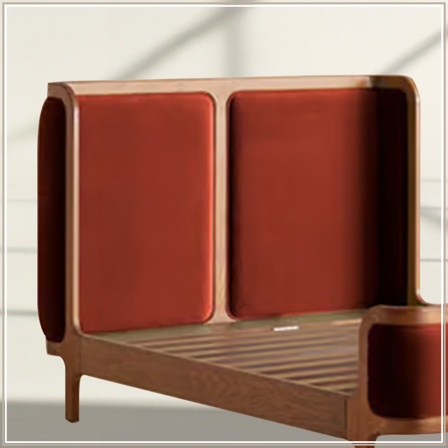 Valerio Duo-Panel Luxe Queen Size Bed in Rust Velvet with Oak wood Frame