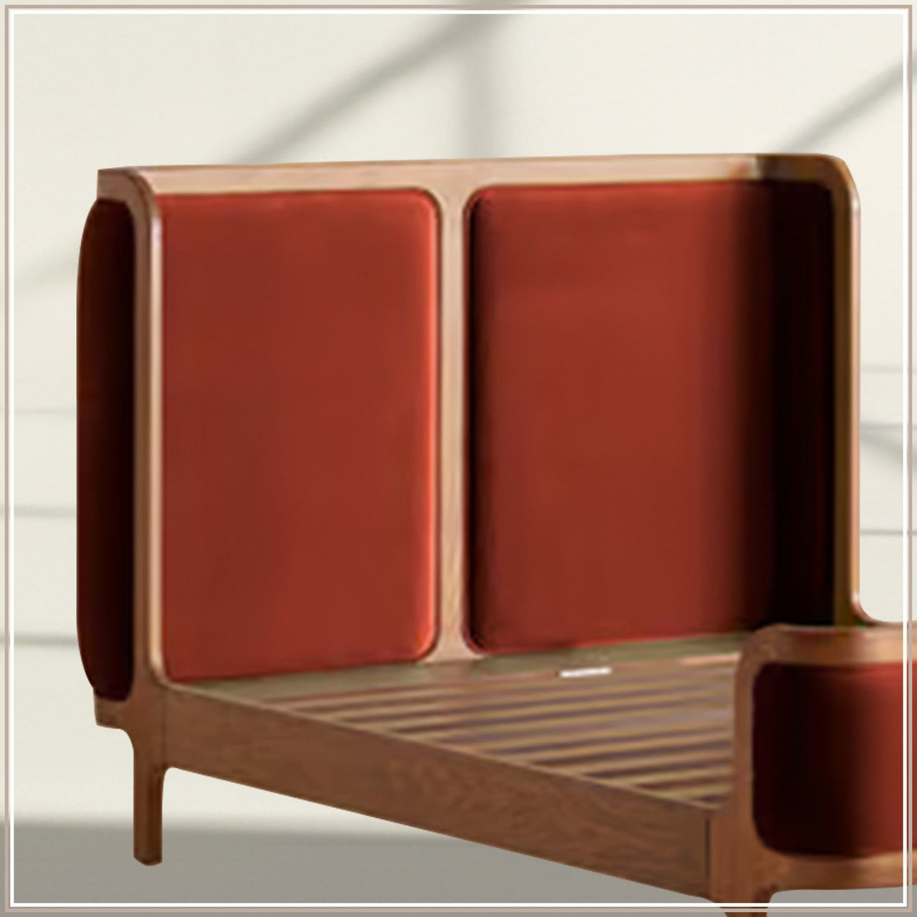 Valerio Duo-Panel Luxe Queen Size Bed in Rust Velvet with Oak wood Frame