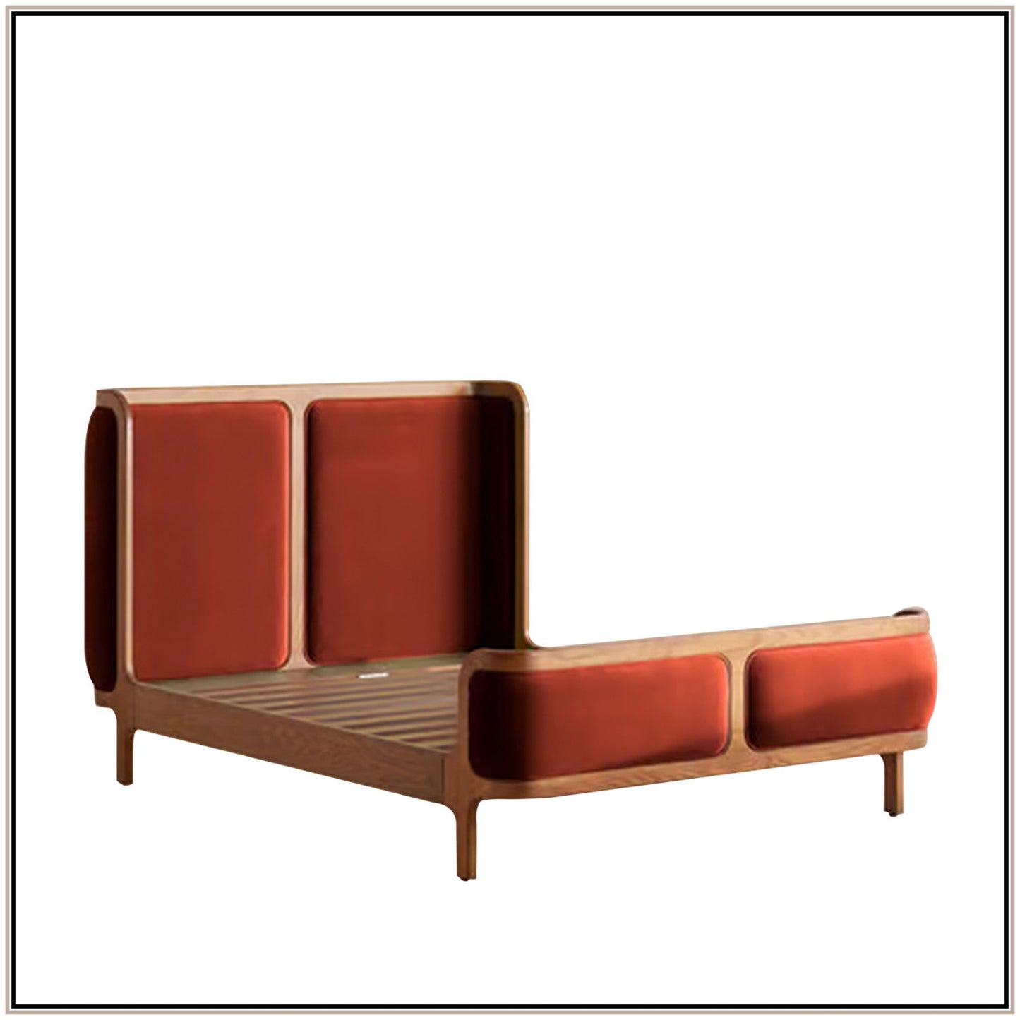 Valerio Duo-Panel Luxe Queen Size Bed in Rust Velvet with Oak wood Frame