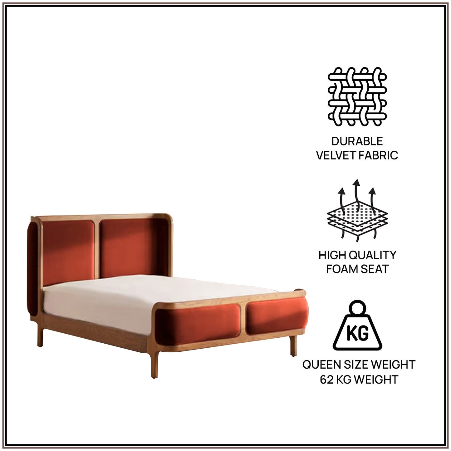 Valerio Duo-Panel Luxe Queen Size Bed in Rust Velvet with Oak wood Frame