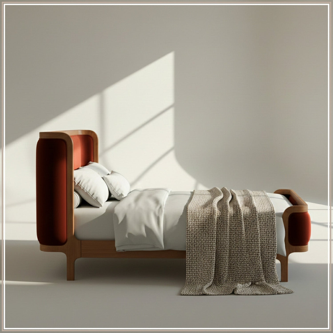 Valerio Duo-Panel Luxe King Size Bed in Rust Velvet with Oak wood Frame