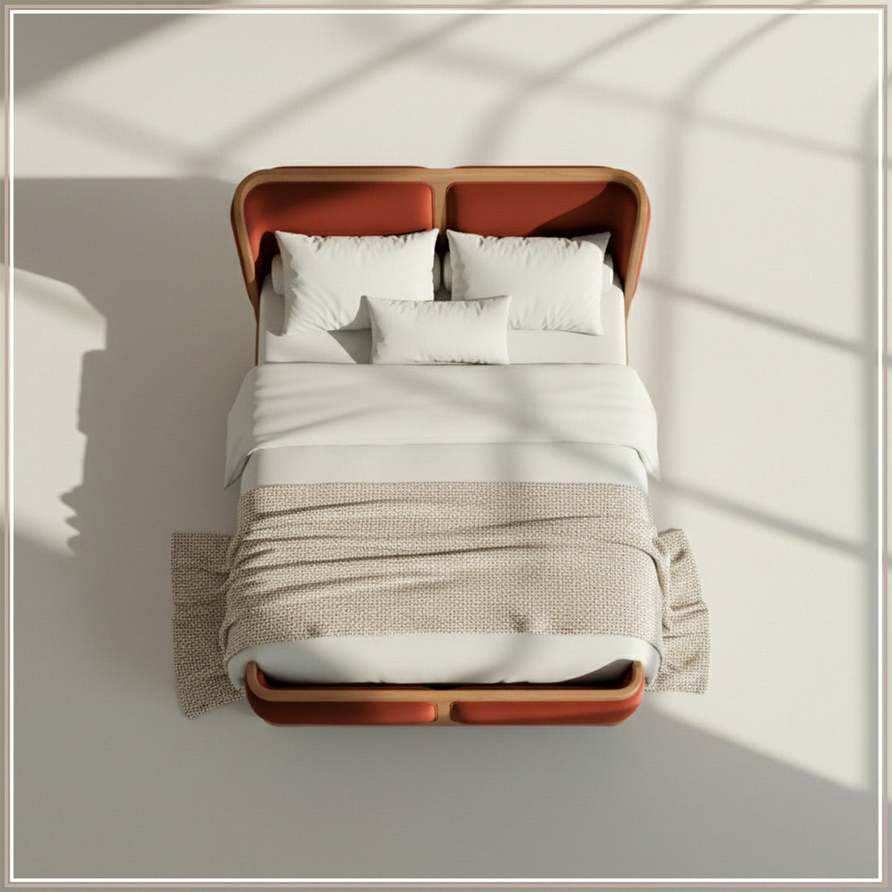 Valerio Duo-Panel Luxe King Size Bed in Rust Velvet with Oak wood Frame