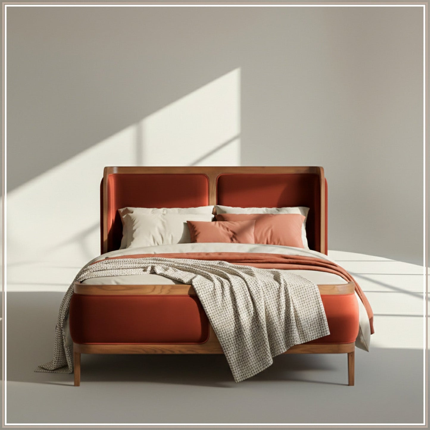 Valerio Duo-Panel Luxe King Size Bed in Rust Velvet with Oak wood Frame