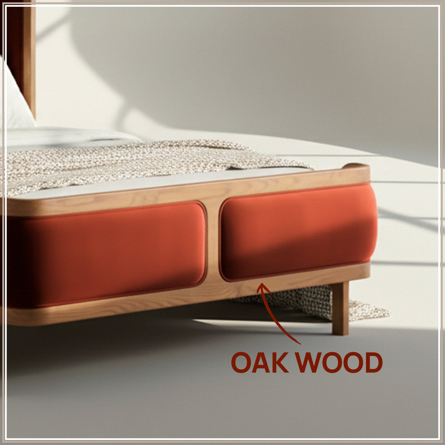 Valerio Duo-Panel Luxe King Size Bed in Rust Velvet with Oak wood Frame & Hydraulic Storage