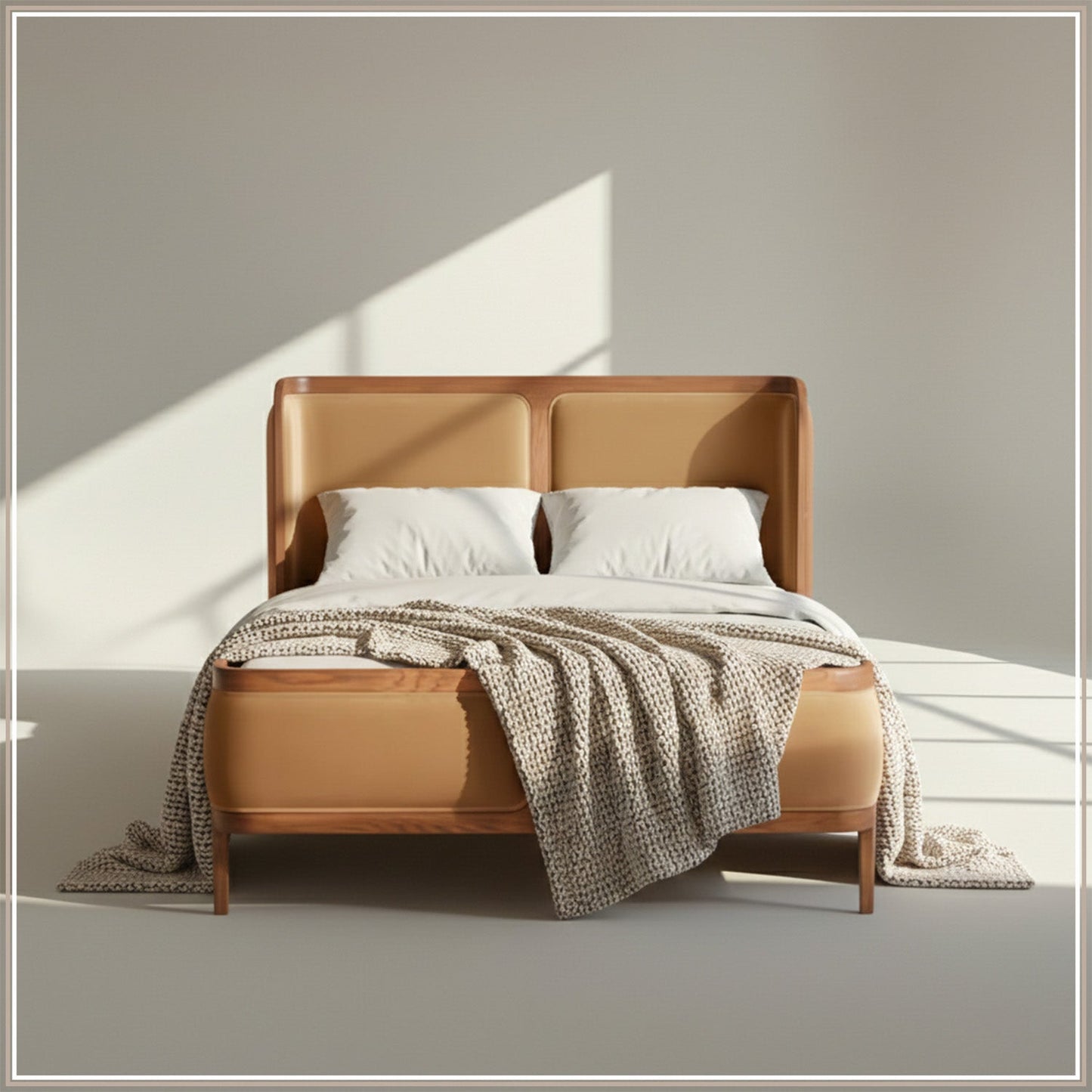 Valerio Duo-Panel Luxe Queen Size Bed in Camel Velvet with Oak wood Frame