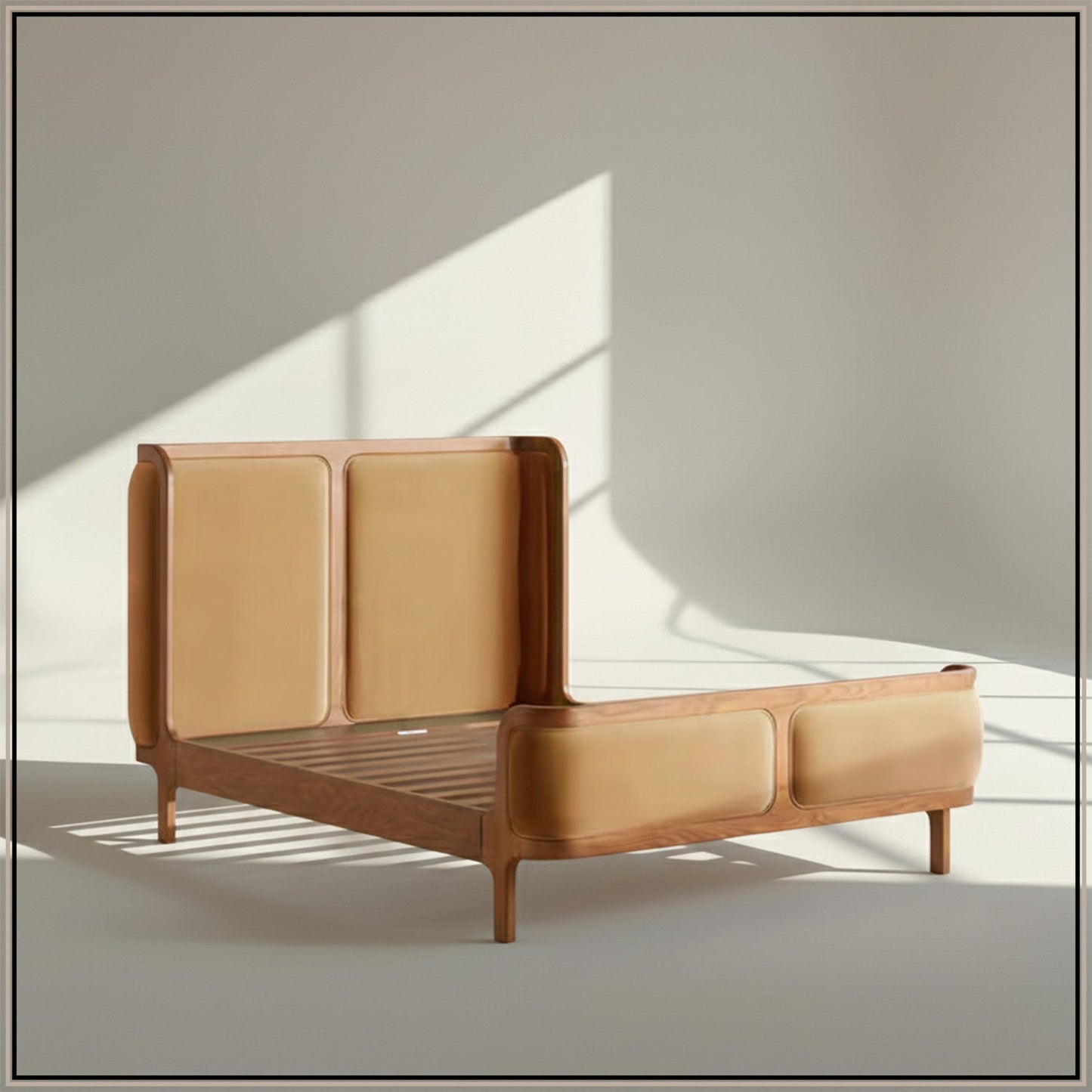 Valerio Duo-Panel Luxe Queen Size Bed in Camel Velvet with Oak wood Frame