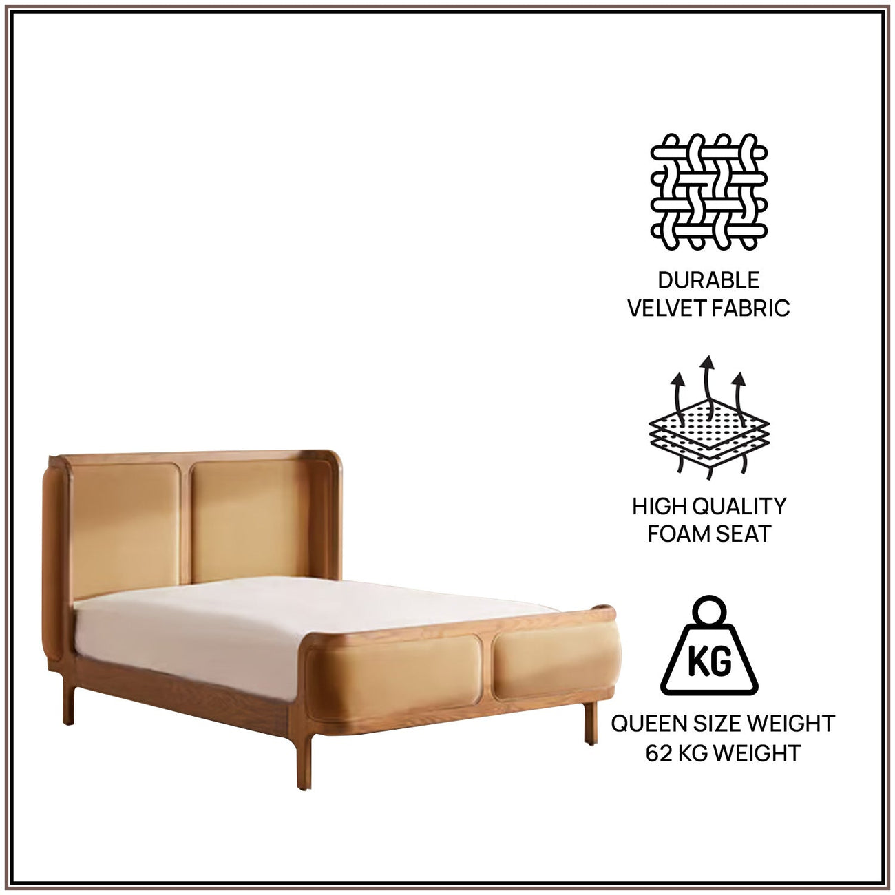 Valerio Duo-Panel Luxe Queen Size Bed in Camel Velvet with Oak wood Frame
