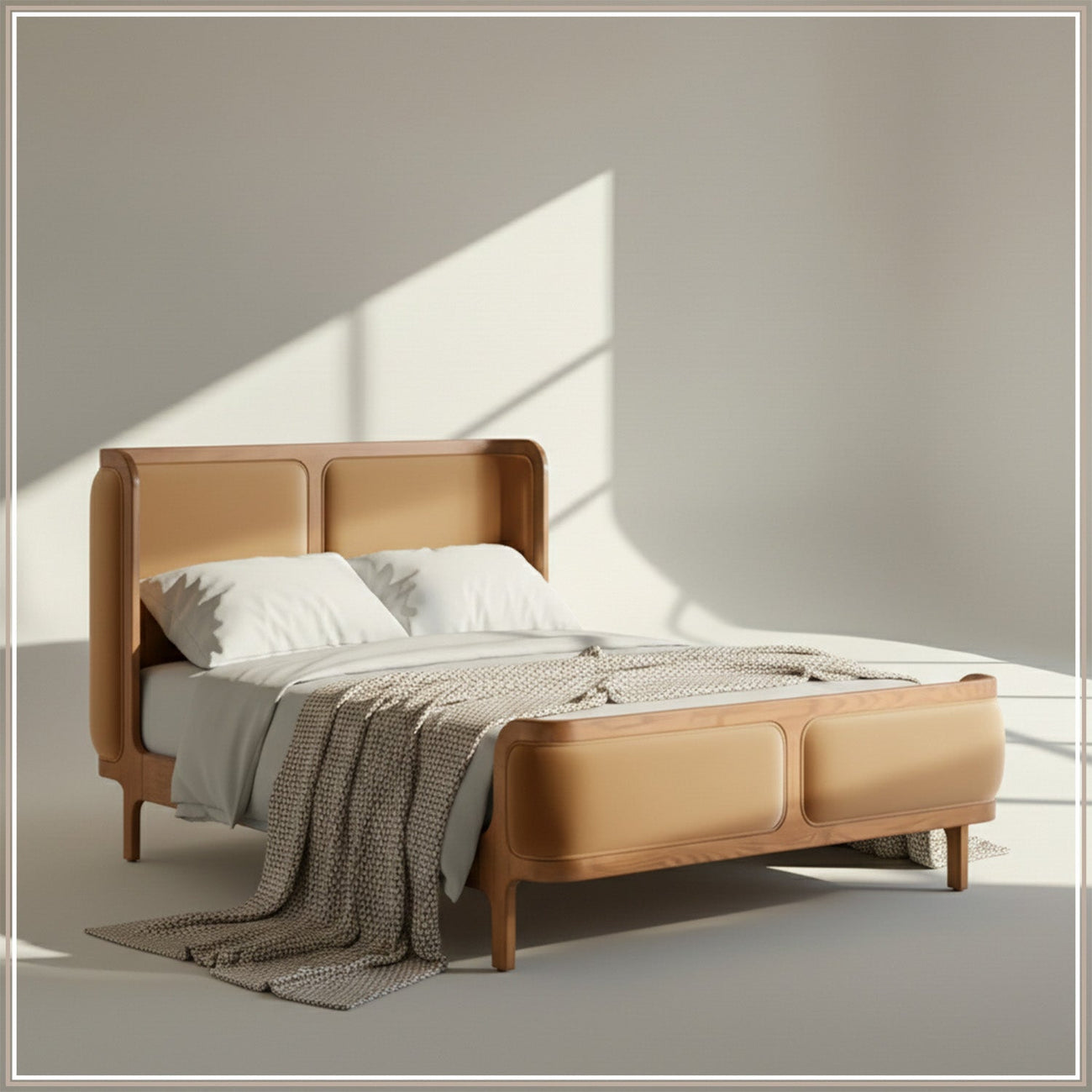 Valerio Duo-Panel Luxe King Size Bed in Camel Velvet with Oak wood Frame