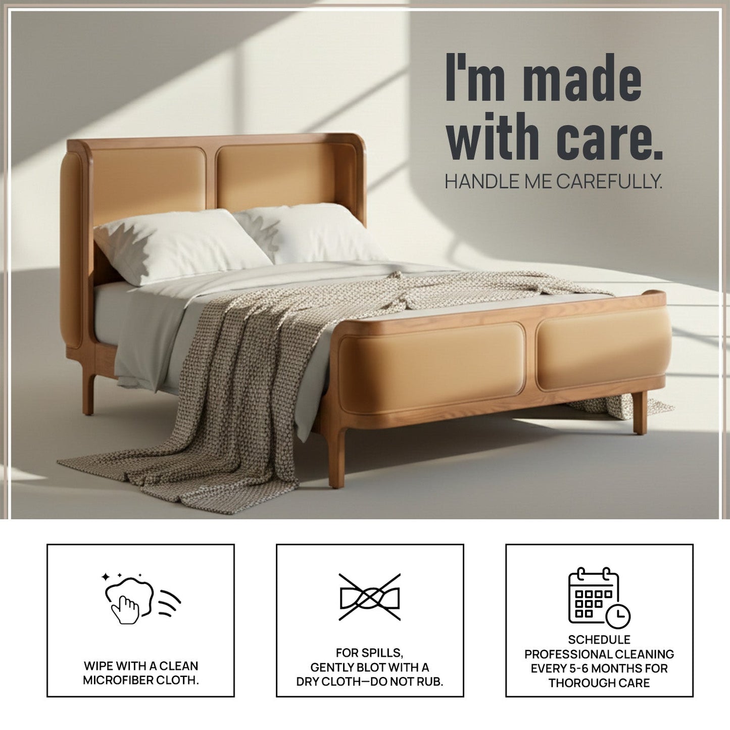 Valerio Duo-Panel Luxe Queen Size Bed in Camel Velvet with Oak wood Frame