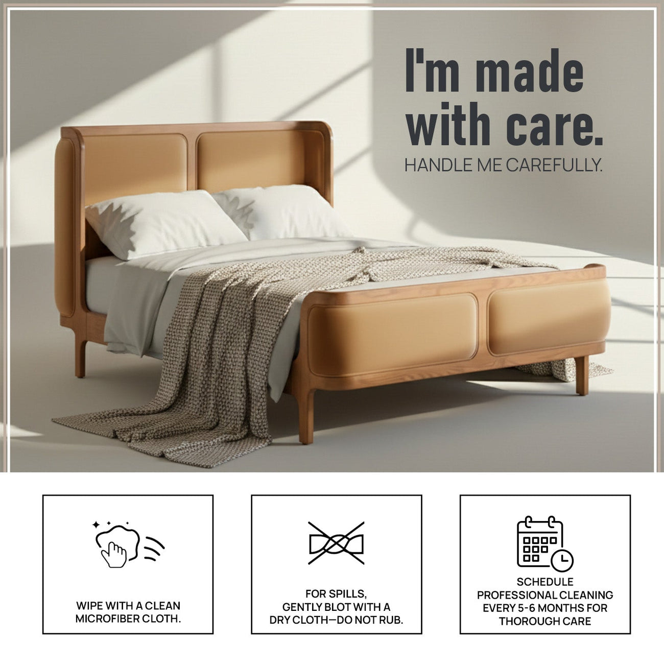 Valerio Duo-Panel Luxe Queen Size Bed in Camel Velvet with Oak wood Frame