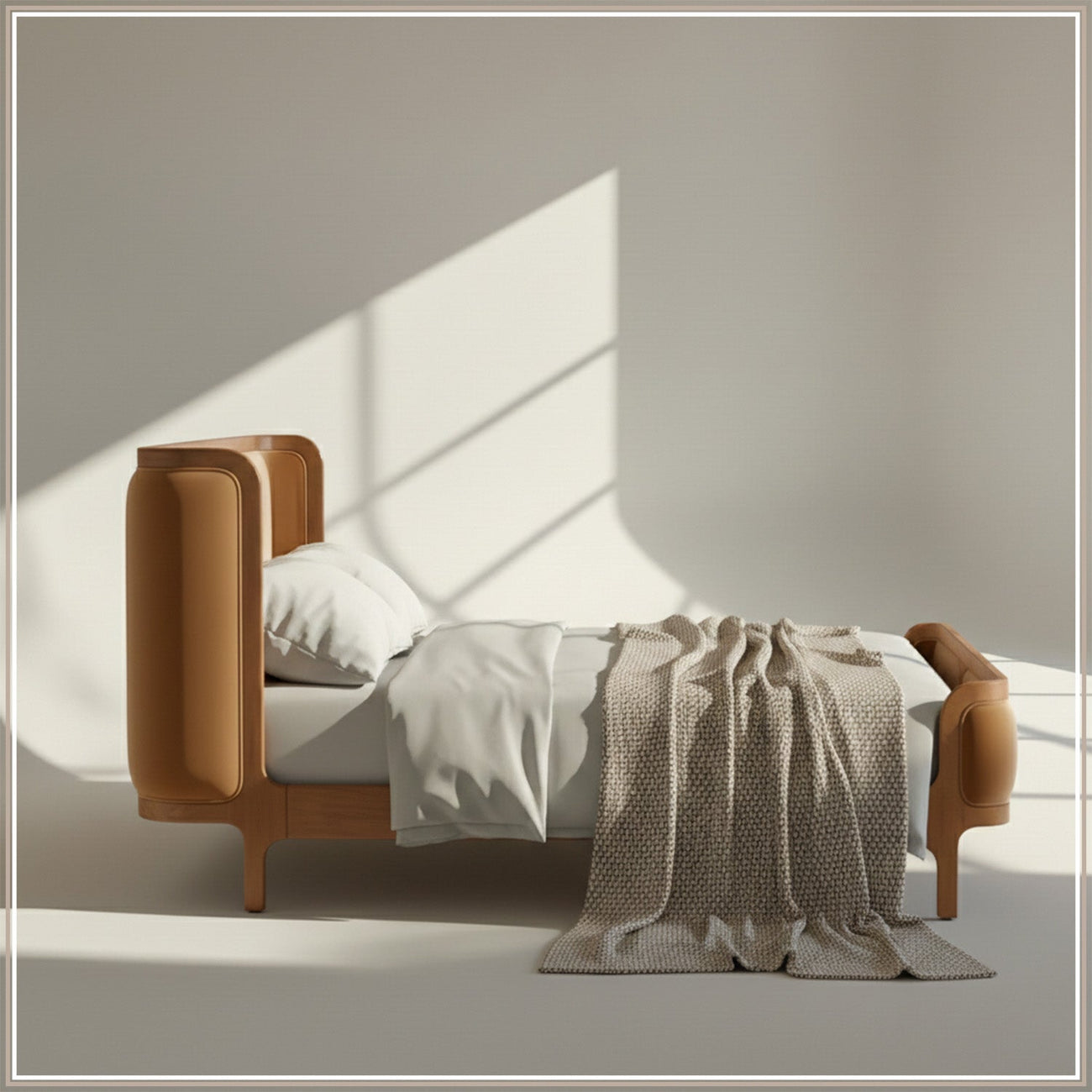 Valerio Duo-Panel Luxe King Size Bed in Camel Velvet with Oak wood Frame