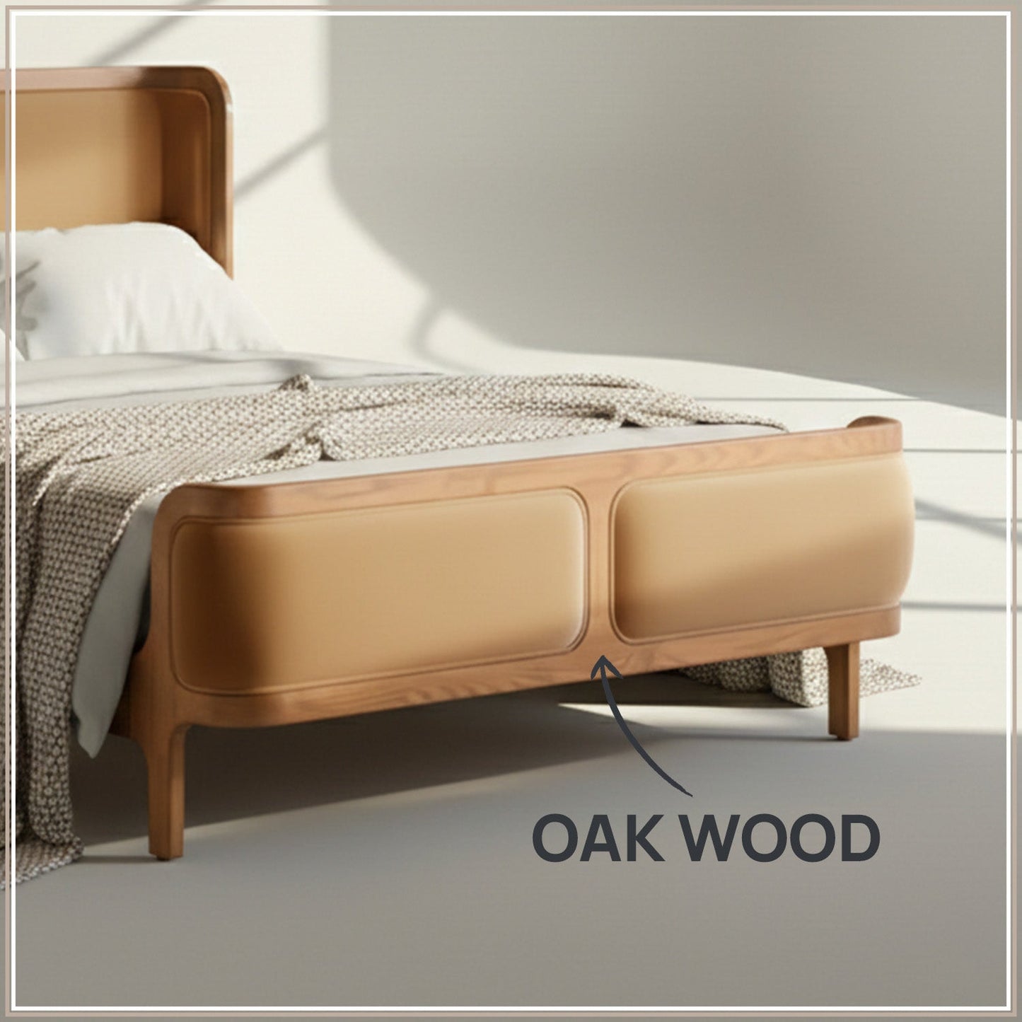 Valerio Duo-Panel Luxe King Size Bed in Camel Velvet with Oak wood Frame