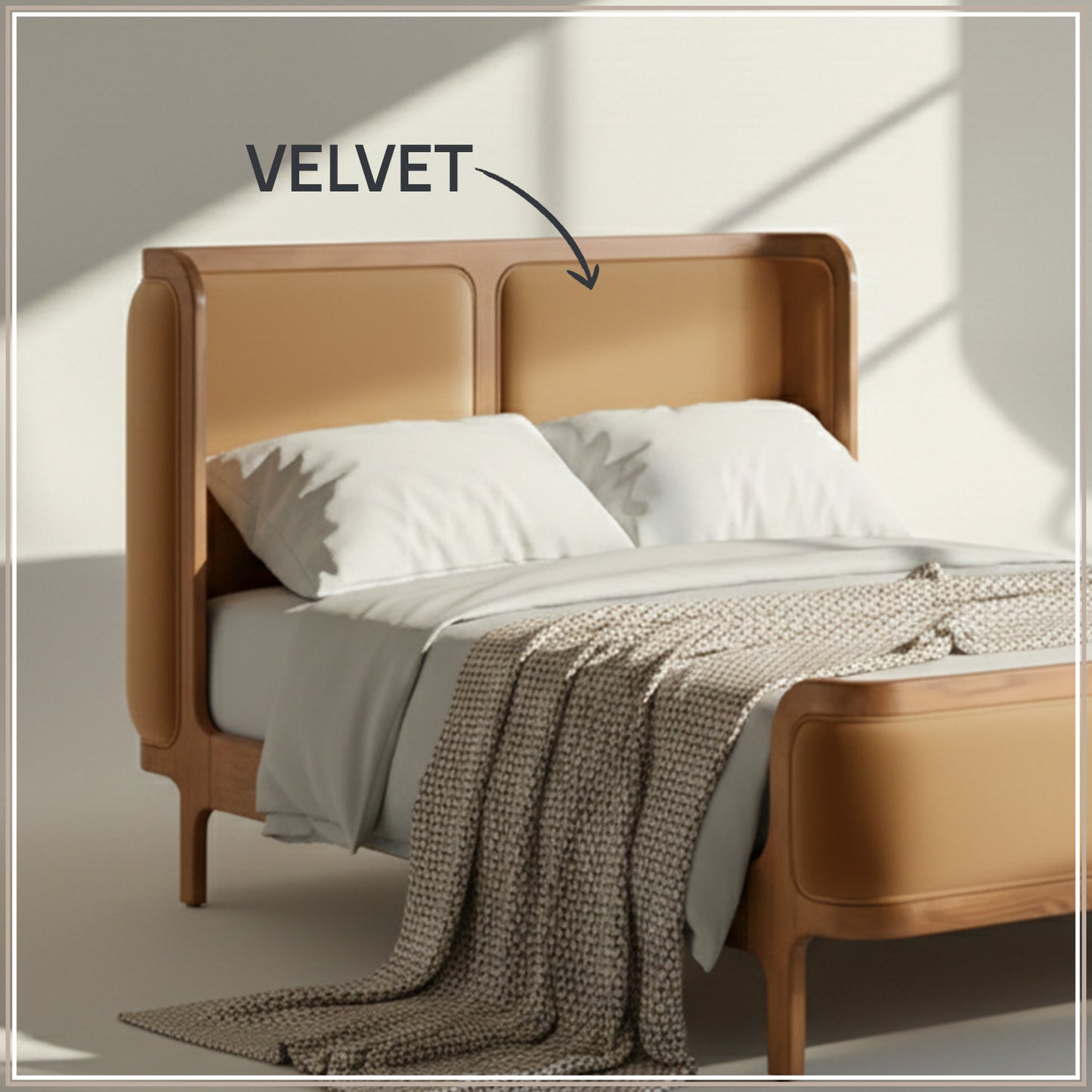 Valerio Duo-Panel Luxe King Size Bed in Camel Velvet with Oak wood Frame & Hydraulic Storage