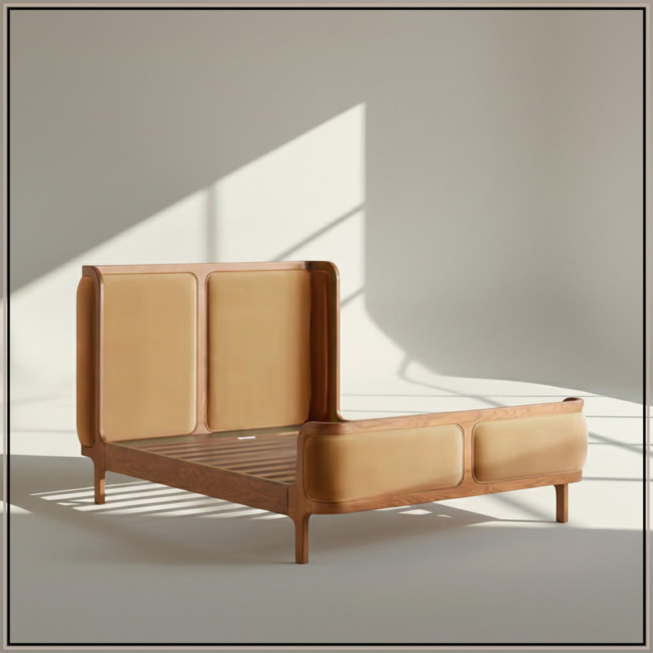 Valerio Duo-Panel Luxe King Size Bed in Camel Velvet with Oak wood Frame